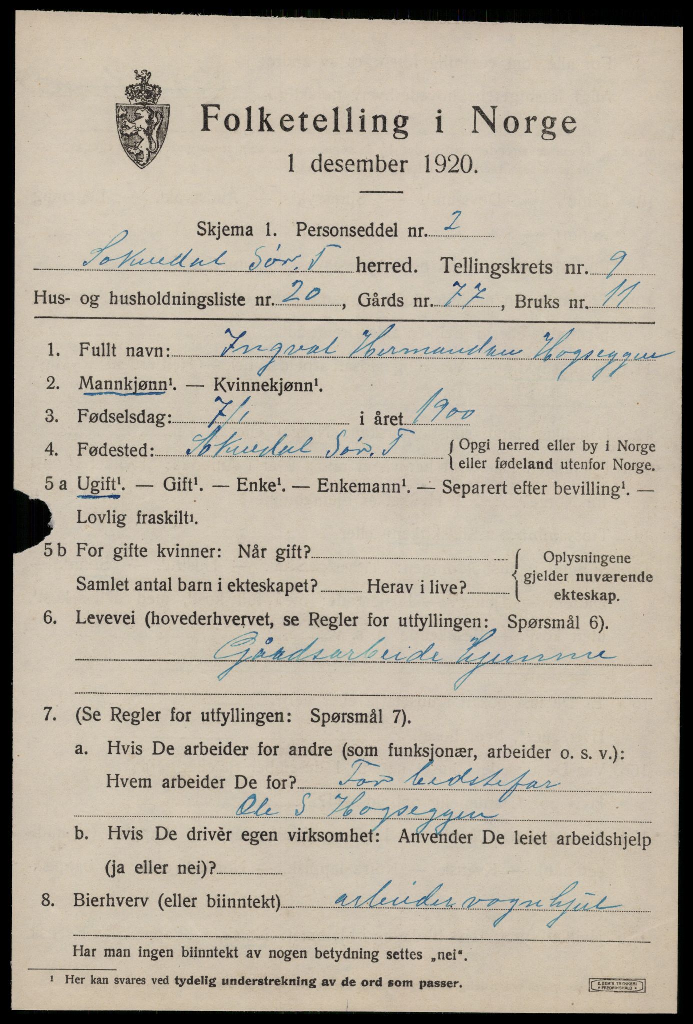 SAT, 1920 census for Soknedal, 1920, p. 4584