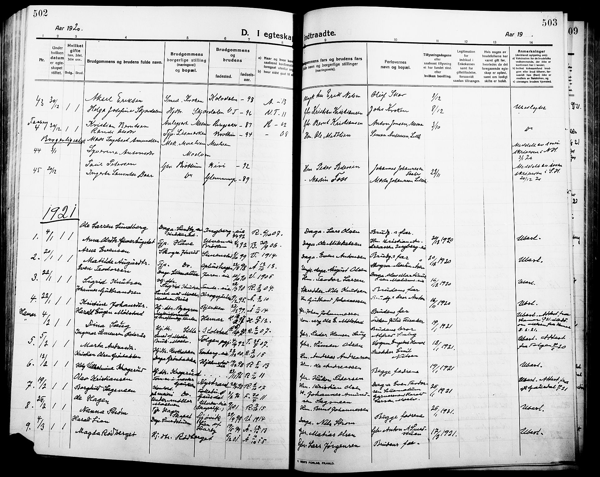 Ringsaker prestekontor, SAH/PREST-014/L/La/L0018: Parish register (copy) no. 18, 1913-1922, p. 502-503