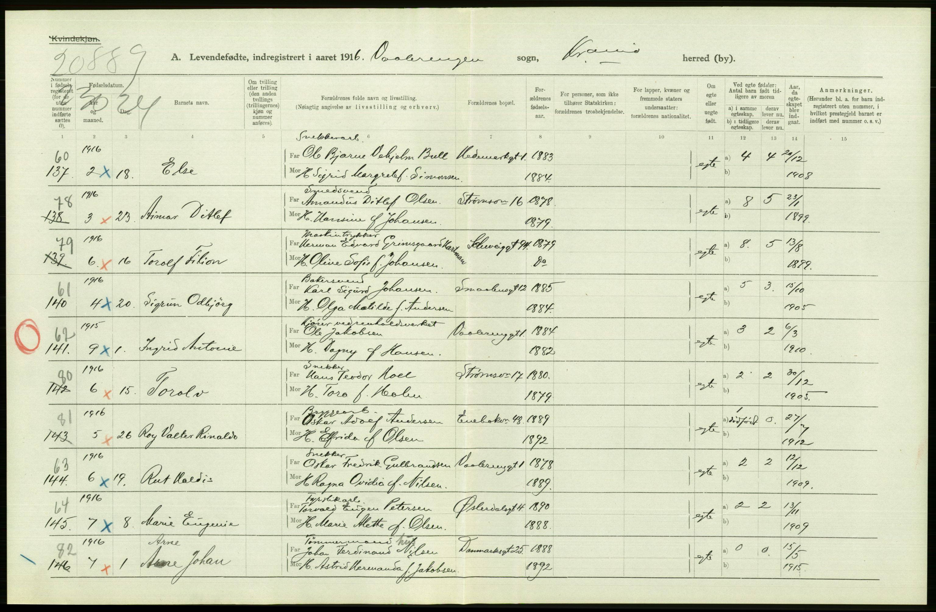 Statistisk sentralbyrå, Sosiodemografiske emner, Befolkning, AV/RA-S-2228/D/Df/Dfb/Dfbf/L0007: Kristiania: Levendefødte menn og kvinner., 1916, p. 314