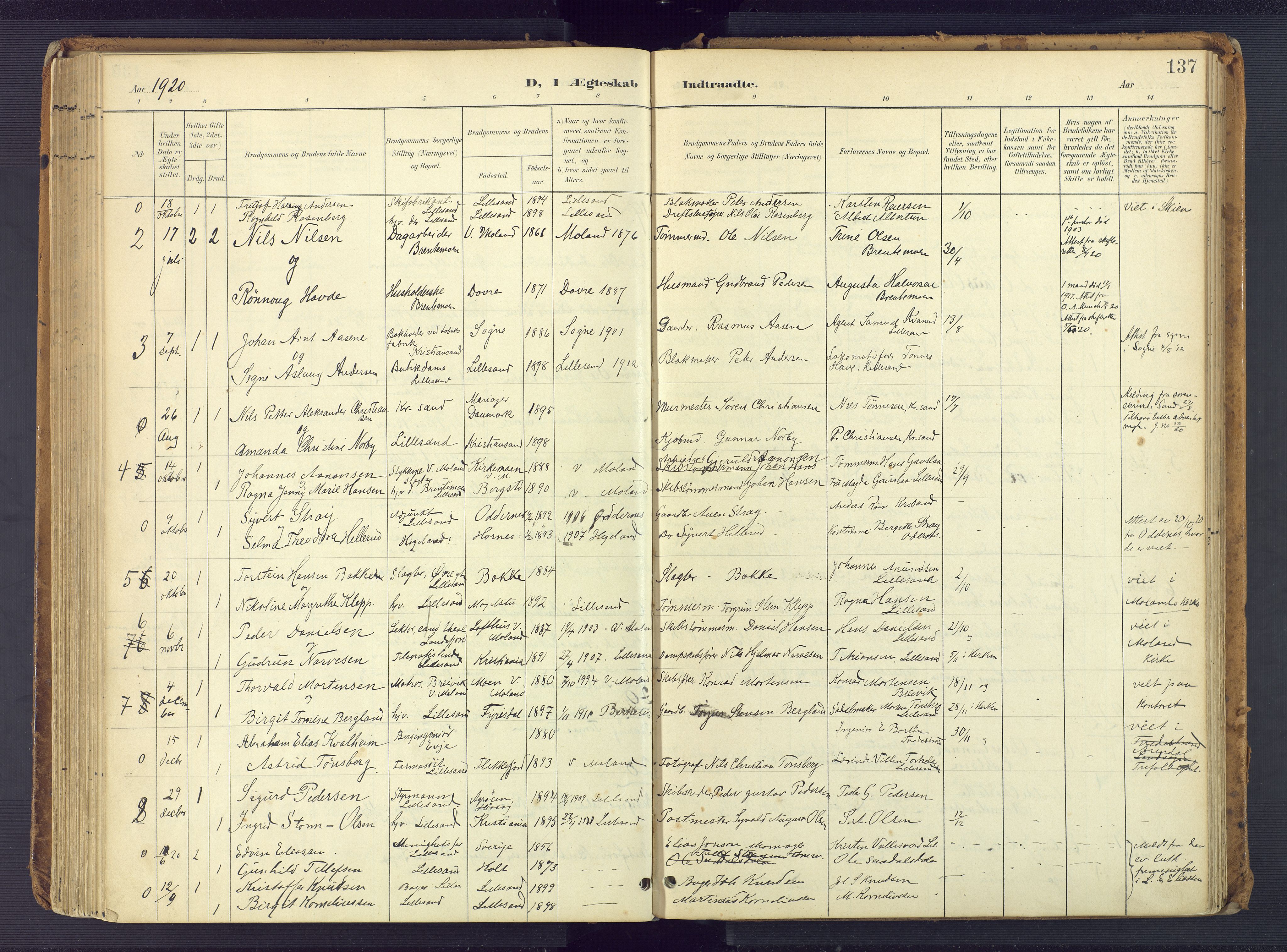 Vestre Moland sokneprestkontor, AV/SAK-1111-0046/F/Fa/Faa/L0002: Parish register (official) no. A 2, 1900-1926, p. 137