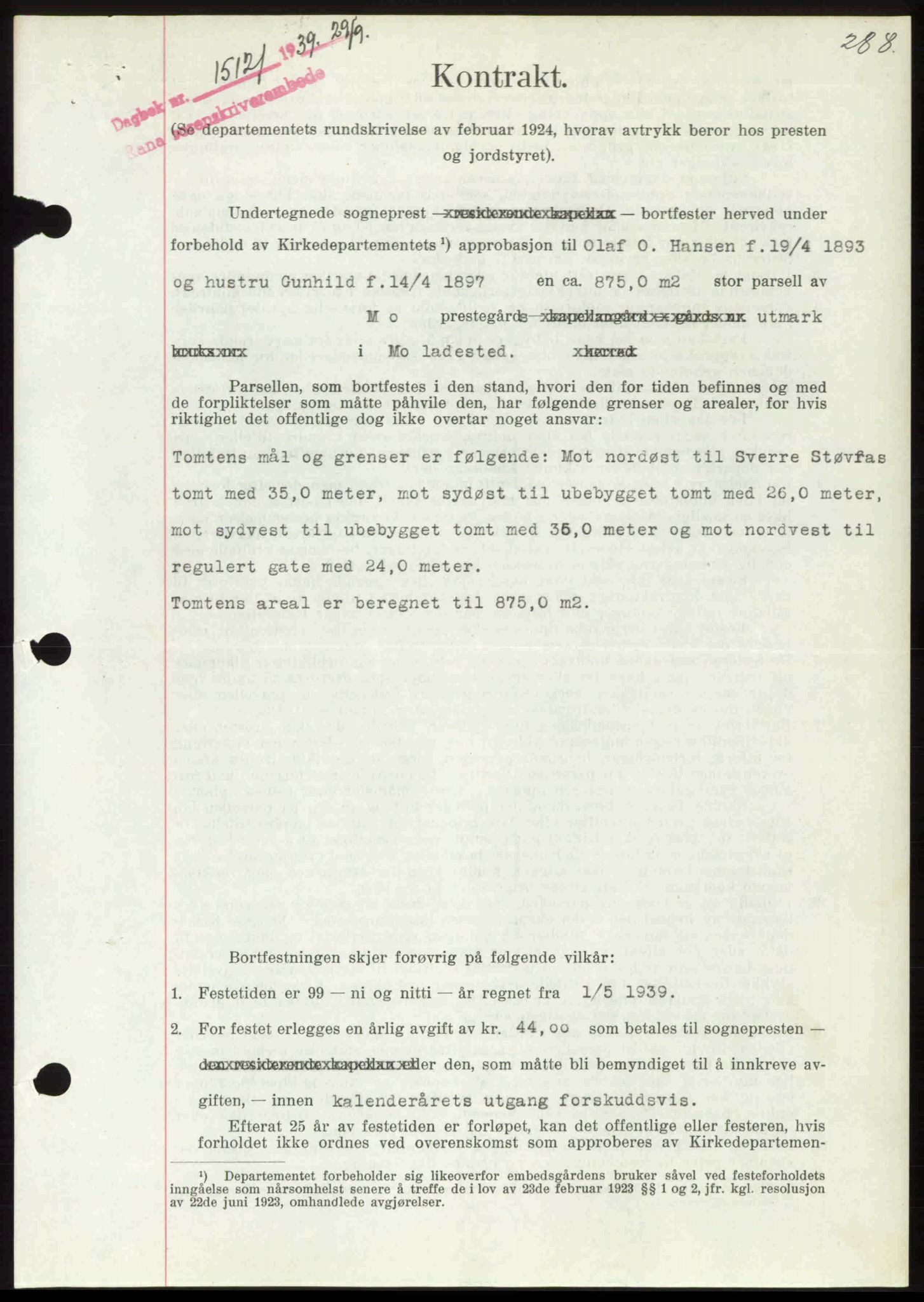 Rana sorenskriveri , SAT/A-1108/1/2/2C: Mortgage book no. A 6, 1939-1940, Diary no: : 1512/1939