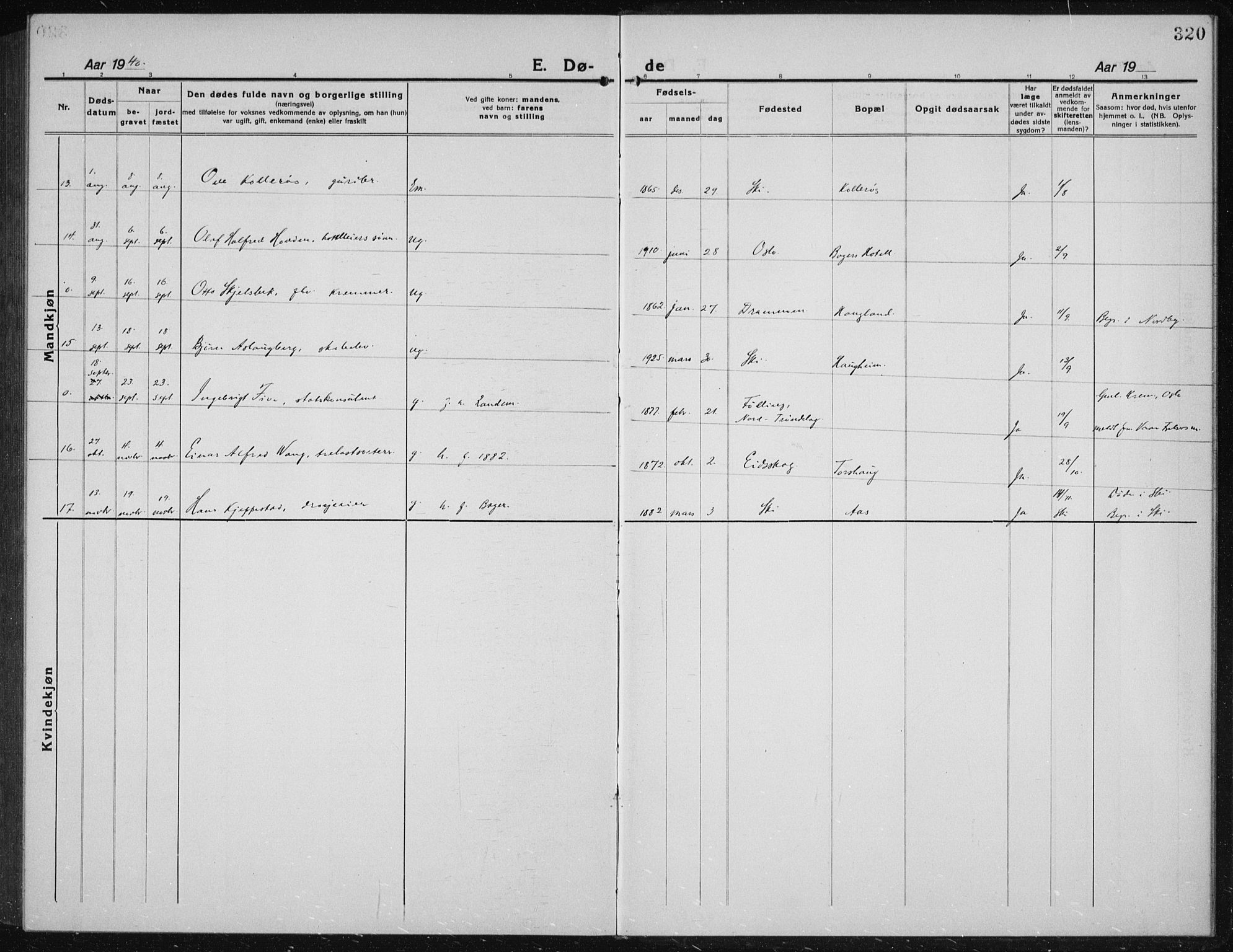 Kråkstad prestekontor Kirkebøker, AV/SAO-A-10125a/G/Gb/L0002: Parish register (copy) no. II 2, 1921-1941, p. 320