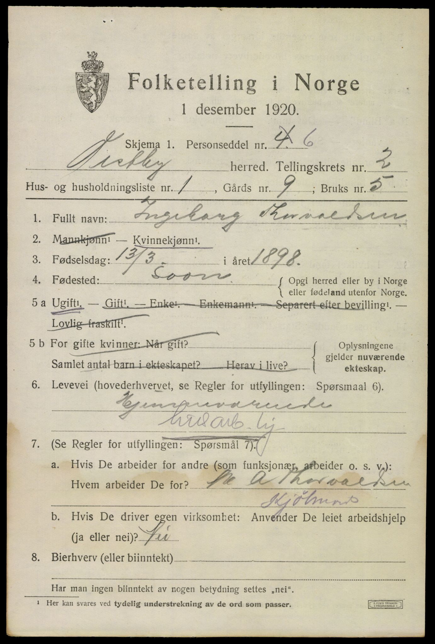 SAO, 1920 census for Vestby, 1920, p. 3395