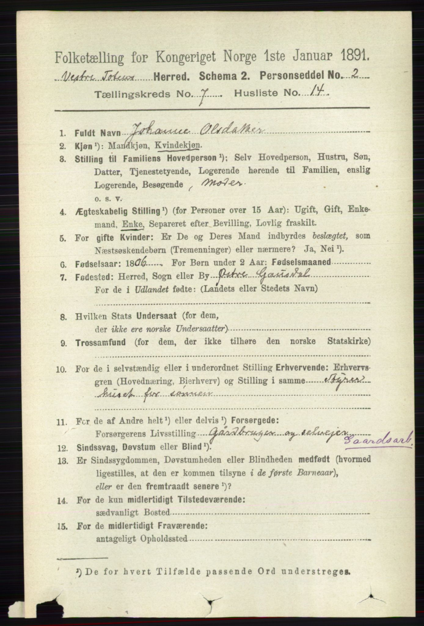RA, 1891 census for 0529 Vestre Toten, 1891, p. 4461