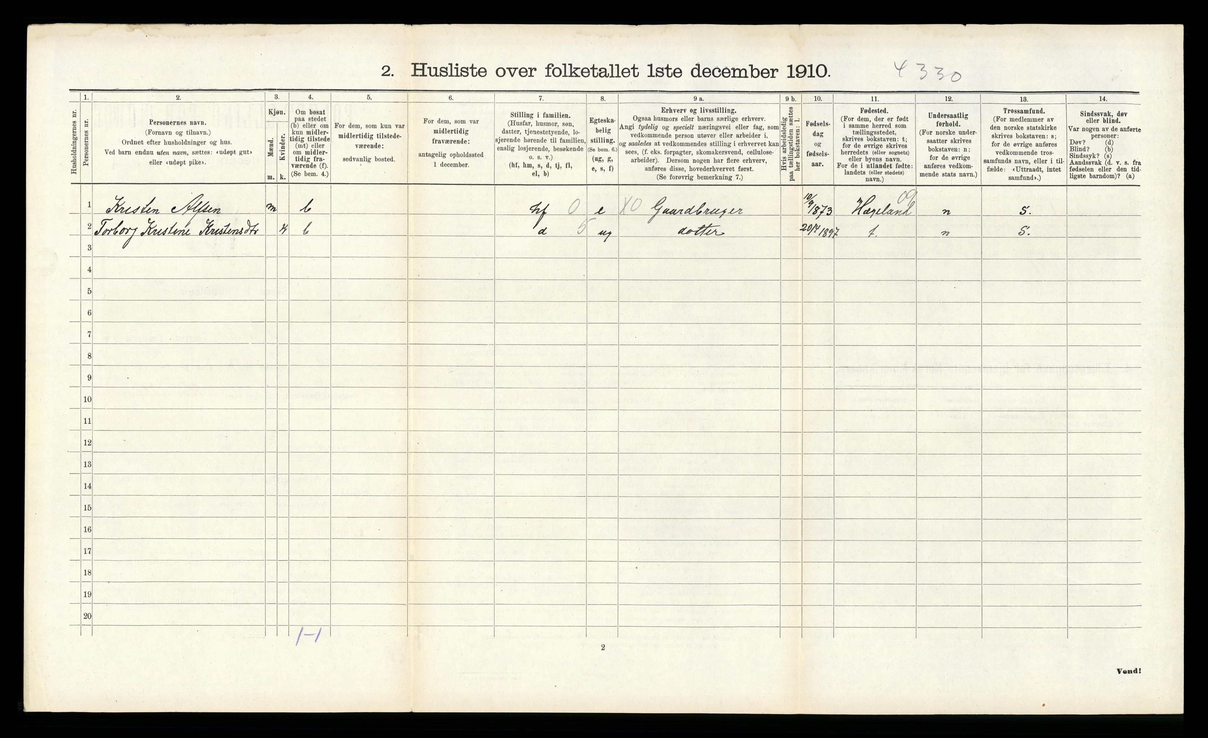 RA, 1910 census for Øvrebø, 1910, p. 226