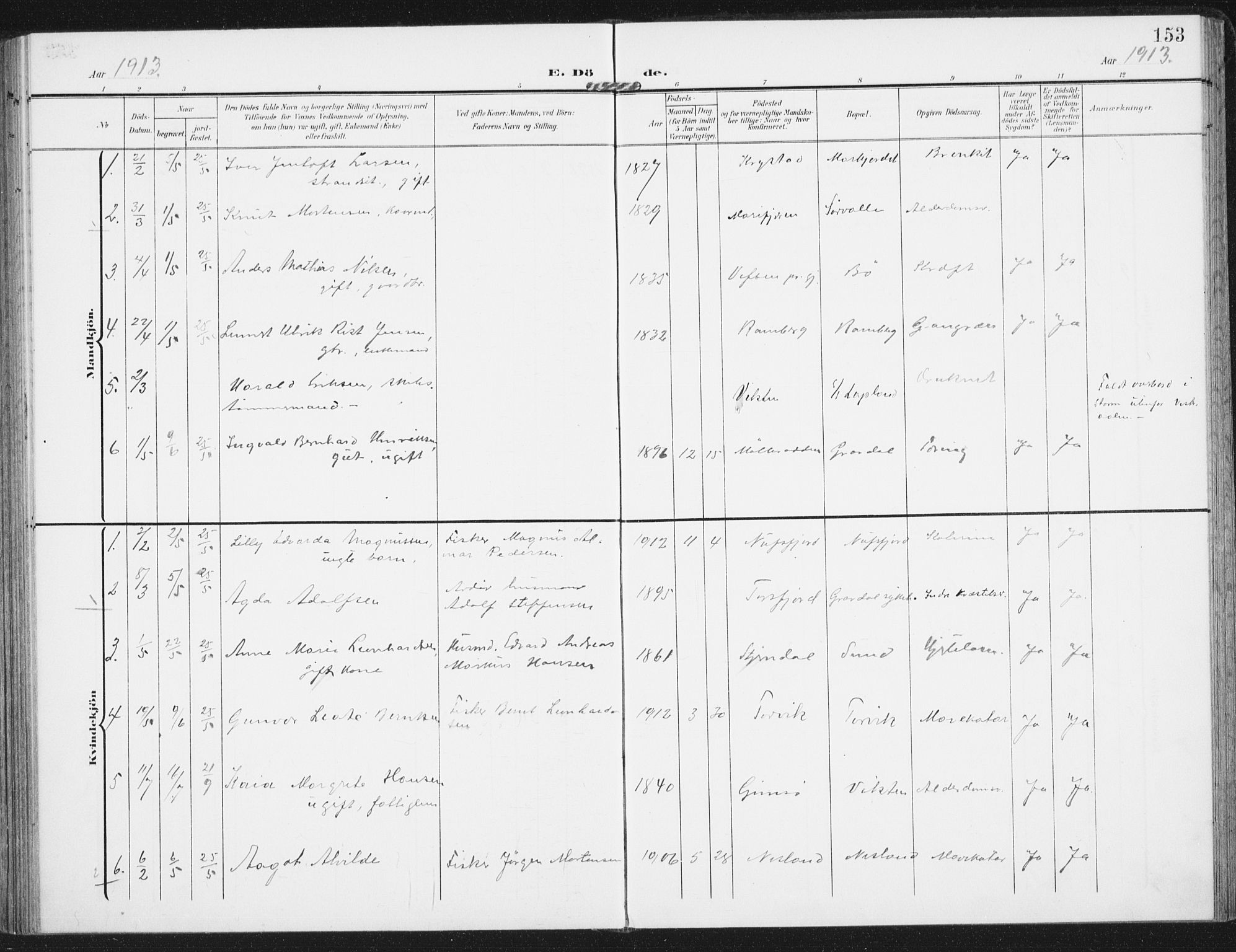 Ministerialprotokoller, klokkerbøker og fødselsregistre - Nordland, SAT/A-1459/885/L1206: Parish register (official) no. 885A07, 1905-1915, p. 153