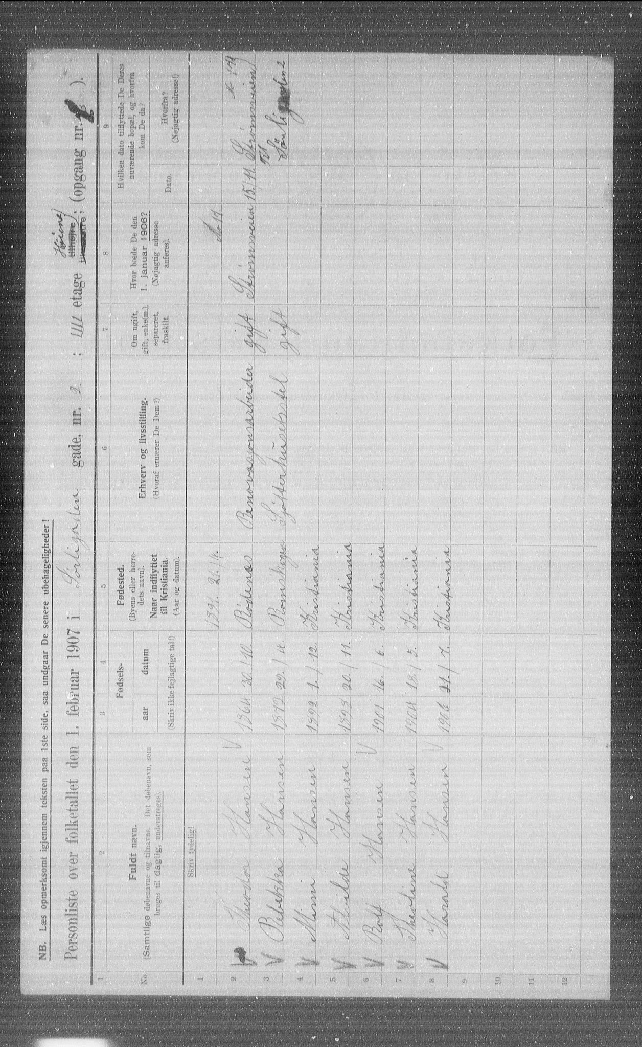 OBA, Municipal Census 1907 for Kristiania, 1907, p. 54140