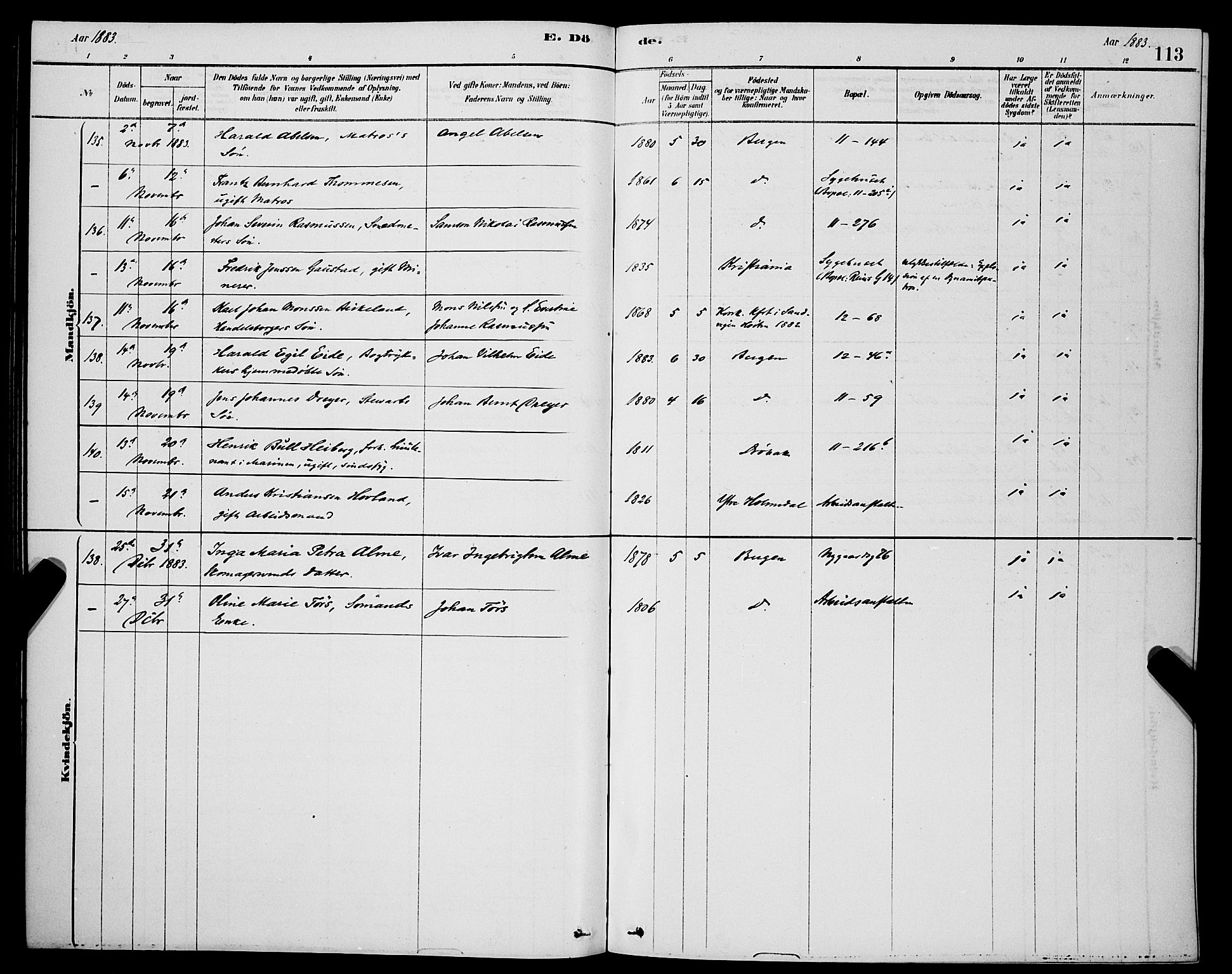 Domkirken sokneprestembete, SAB/A-74801/H/Hab/L0041: Parish register (copy) no. E 5, 1878-1900, p. 113