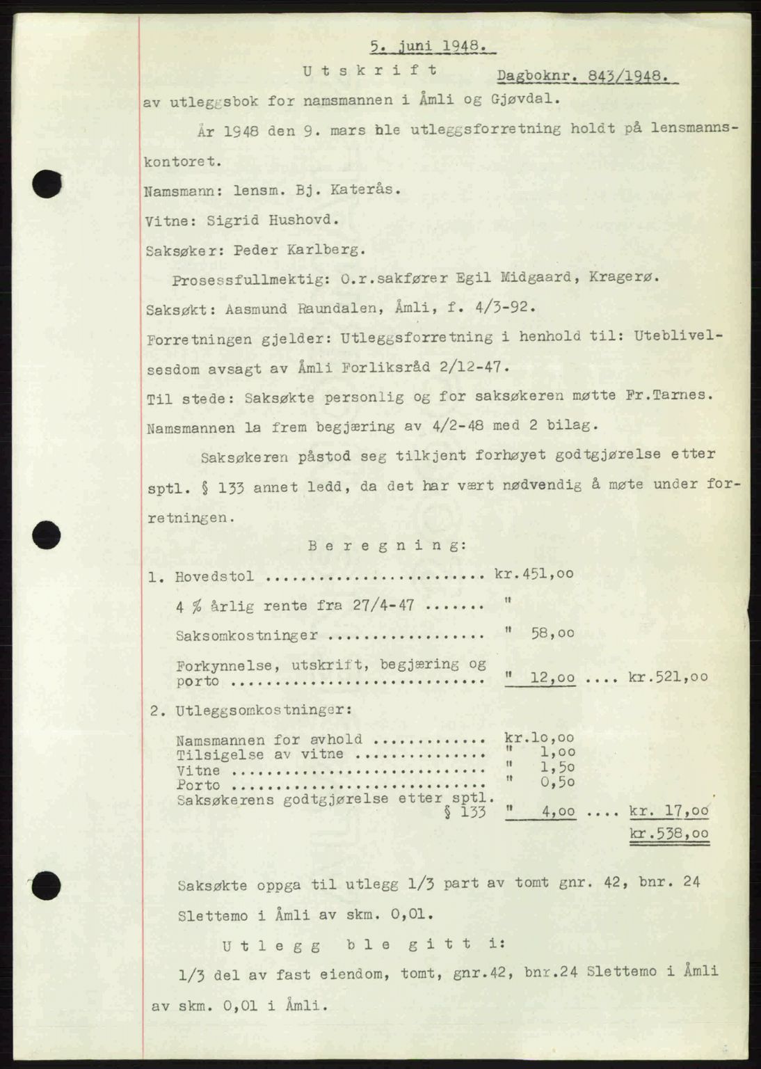 Nedenes sorenskriveri, SAK/1221-0006/G/Gb/Gba/L0059: Mortgage book no. A11, 1948-1948, Diary no: : 843/1948