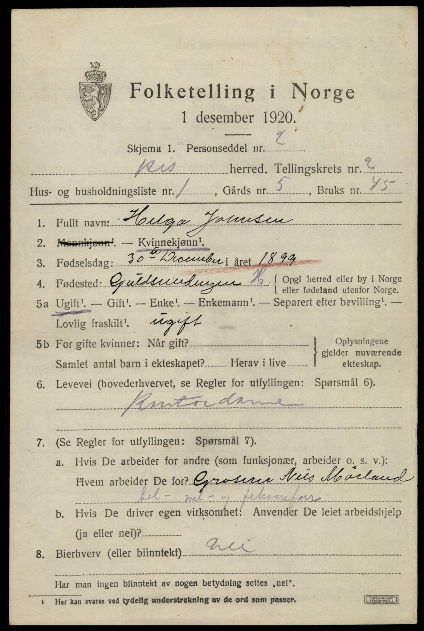 SAK, 1920 census for Hisøy, 1920, p. 2398