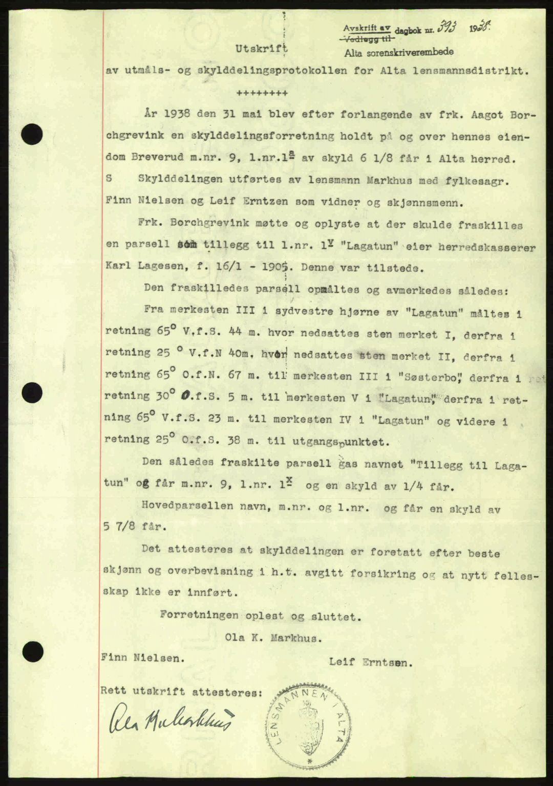 Alta fogderi/sorenskriveri, SATØ/SATØ-5/1/K/Kd/L0031pantebok: Mortgage book no. 31, 1938-1939, Diary no: : 393/1938