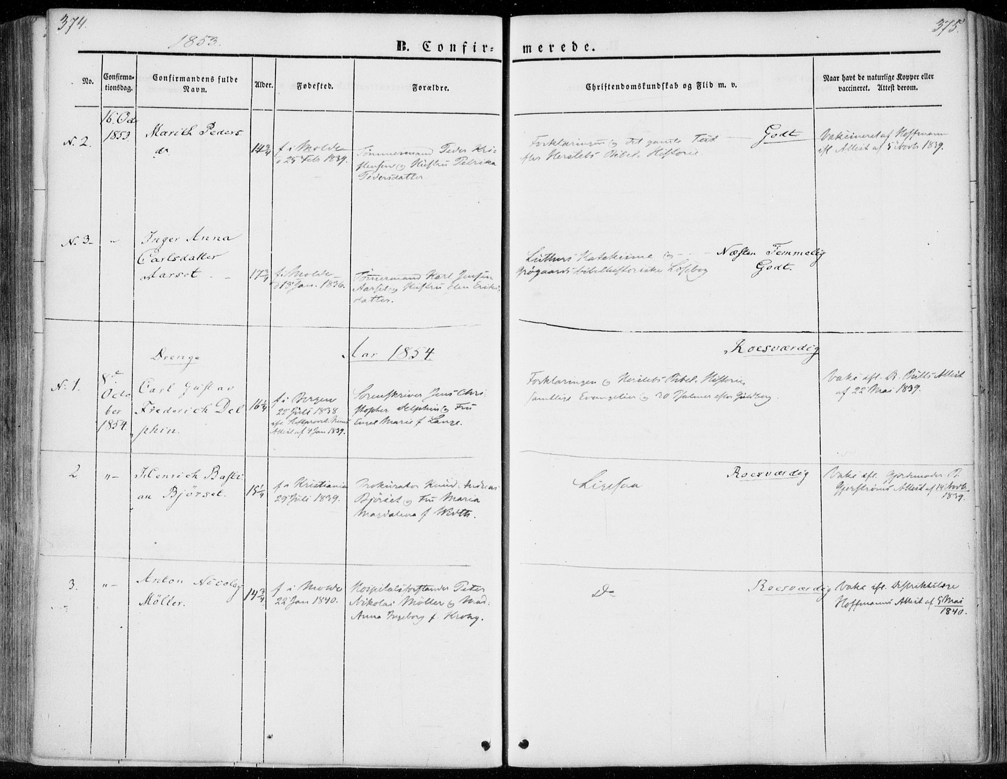 Ministerialprotokoller, klokkerbøker og fødselsregistre - Møre og Romsdal, SAT/A-1454/558/L0689: Parish register (official) no. 558A03, 1843-1872, p. 374-375