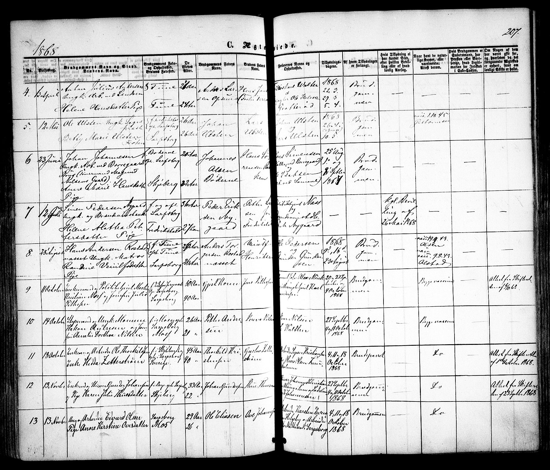 Sarpsborg prestekontor Kirkebøker, SAO/A-2006/F/Fa/L0001: Parish register (official) no. 1, 1859-1868, p. 207