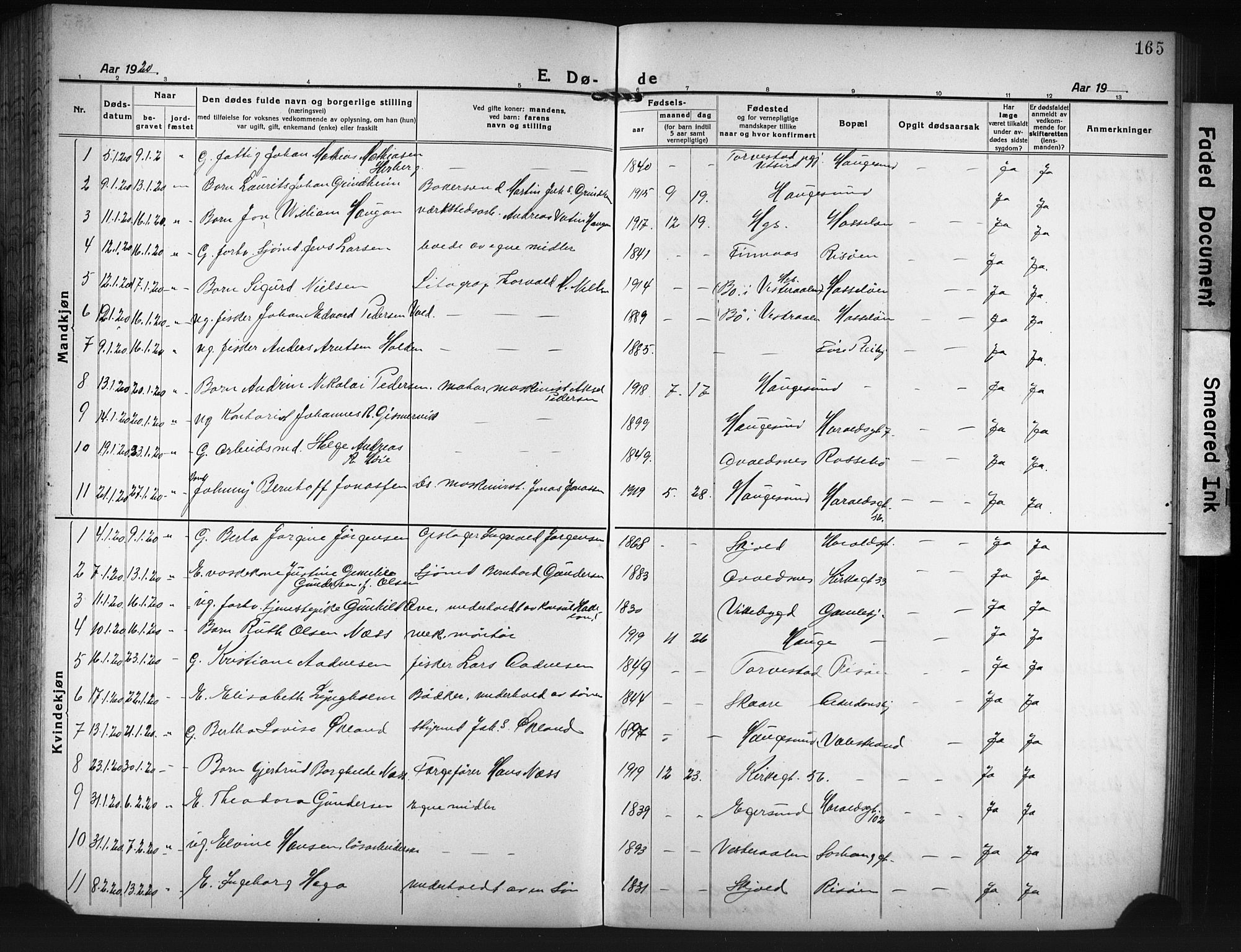 Haugesund sokneprestkontor, SAST/A -101863/H/Ha/Hab/L0010: Parish register (copy) no. B 10, 1920-1931, p. 165