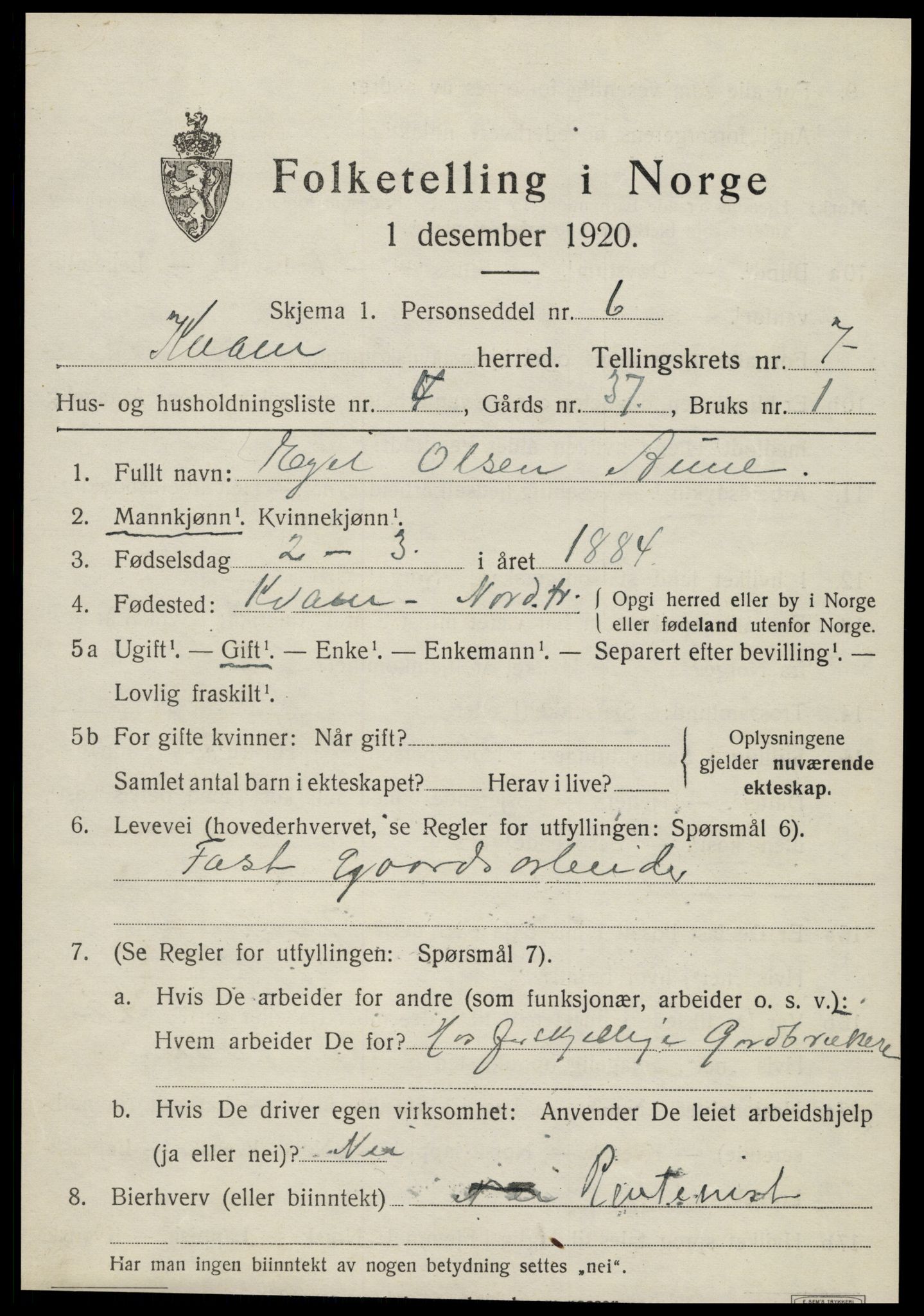 SAT, 1920 census for Kvam, 1920, p. 1845