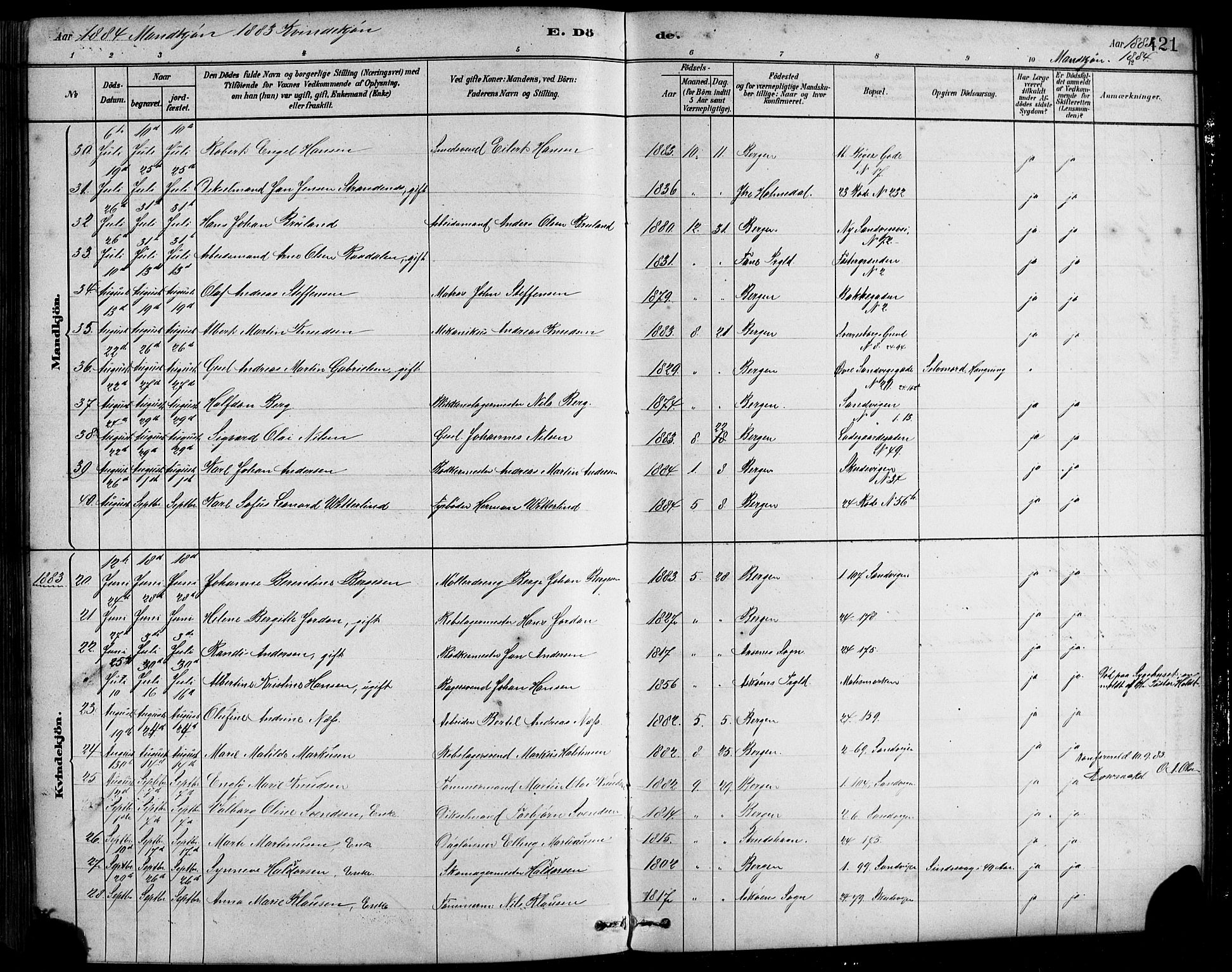 Sandviken Sokneprestembete, AV/SAB-A-77601/H/Hb/L0001: Parish register (copy) no. A 2, 1879-1892, p. 421