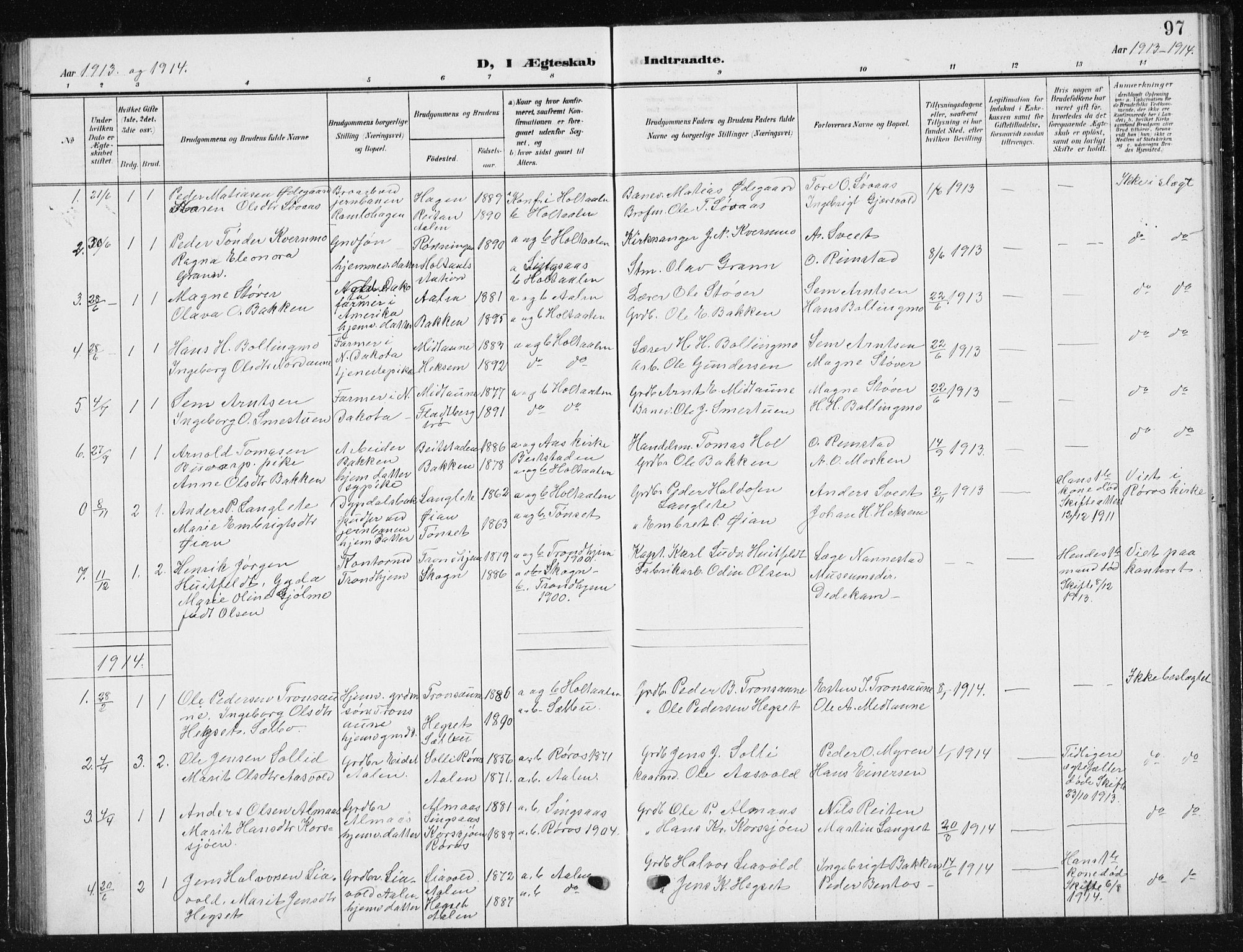 Ministerialprotokoller, klokkerbøker og fødselsregistre - Sør-Trøndelag, SAT/A-1456/685/L0979: Parish register (copy) no. 685C04, 1908-1933, p. 97