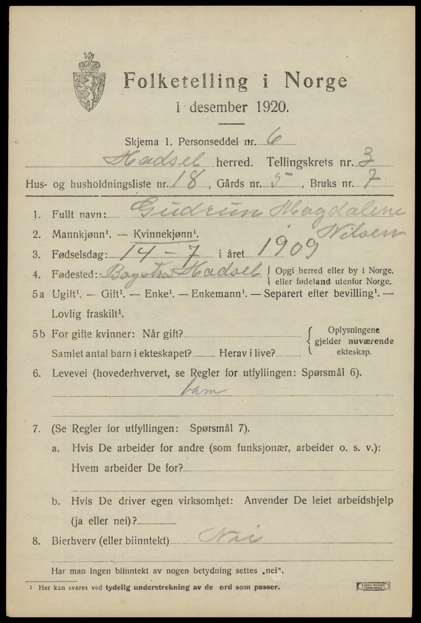 SAT, 1920 census for Hadsel, 1920, p. 5264