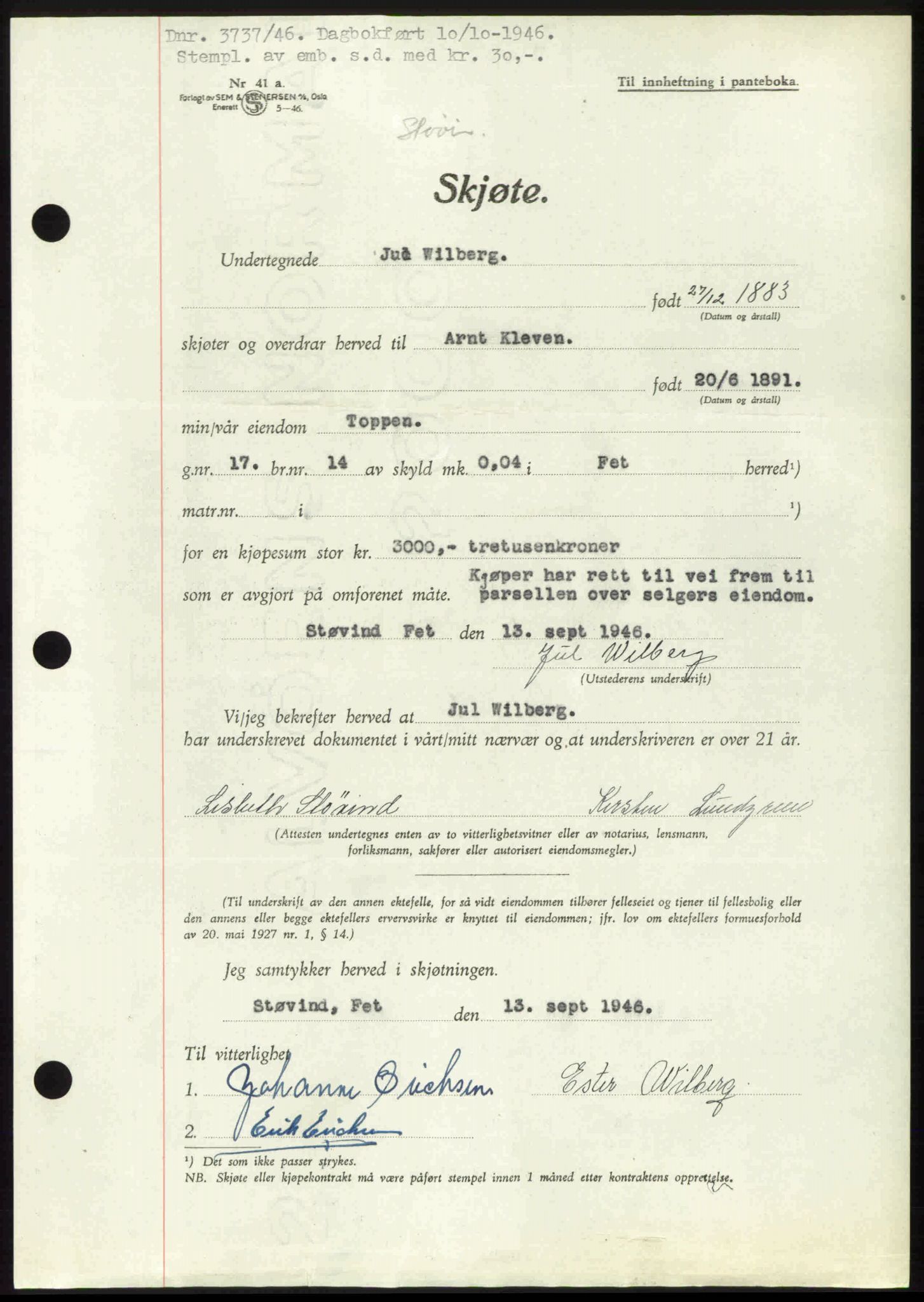 Nedre Romerike sorenskriveri, AV/SAO-A-10469/G/Gb/Gbd/L0017: Mortgage book no. 17, 1946-1946, Diary no: : 3737/1946