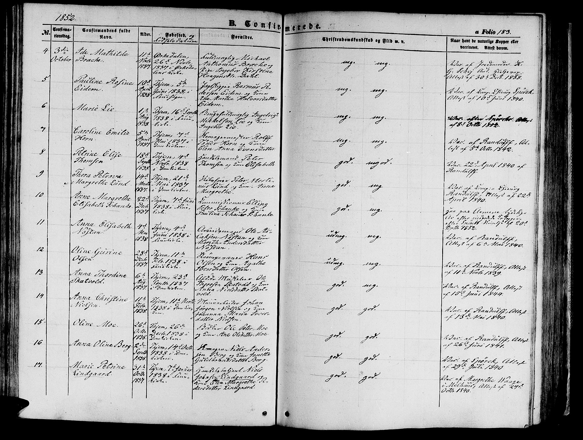 Ministerialprotokoller, klokkerbøker og fødselsregistre - Sør-Trøndelag, SAT/A-1456/602/L0137: Parish register (copy) no. 602C05, 1846-1856, p. 183
