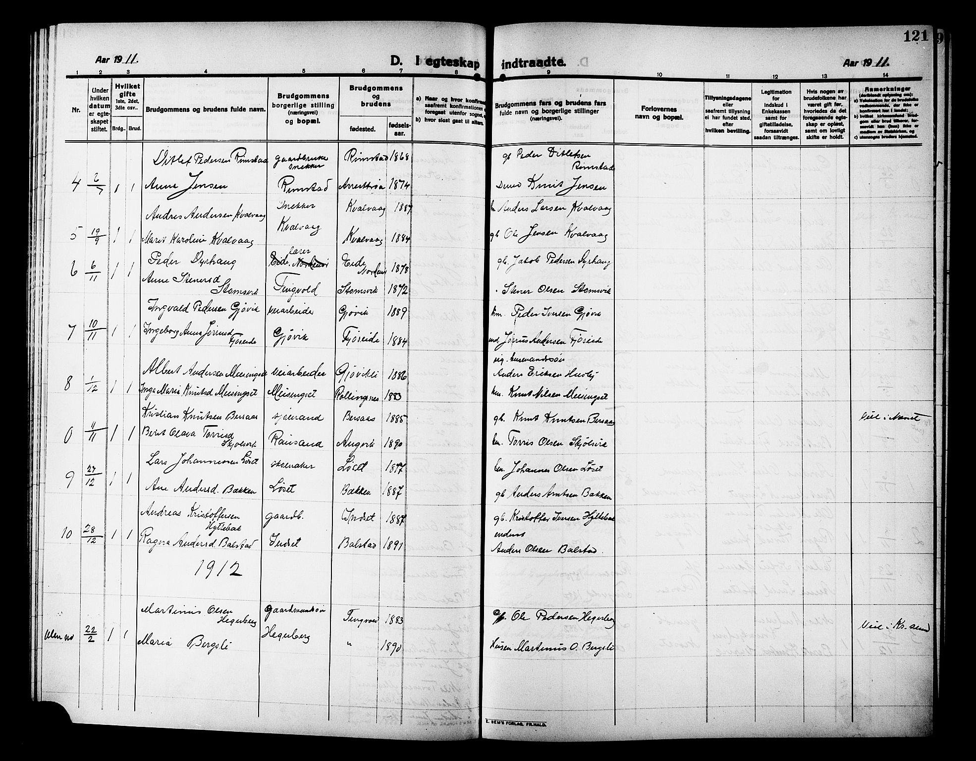 Ministerialprotokoller, klokkerbøker og fødselsregistre - Møre og Romsdal, AV/SAT-A-1454/586/L0993: Parish register (copy) no. 586C04, 1910-1918, p. 121