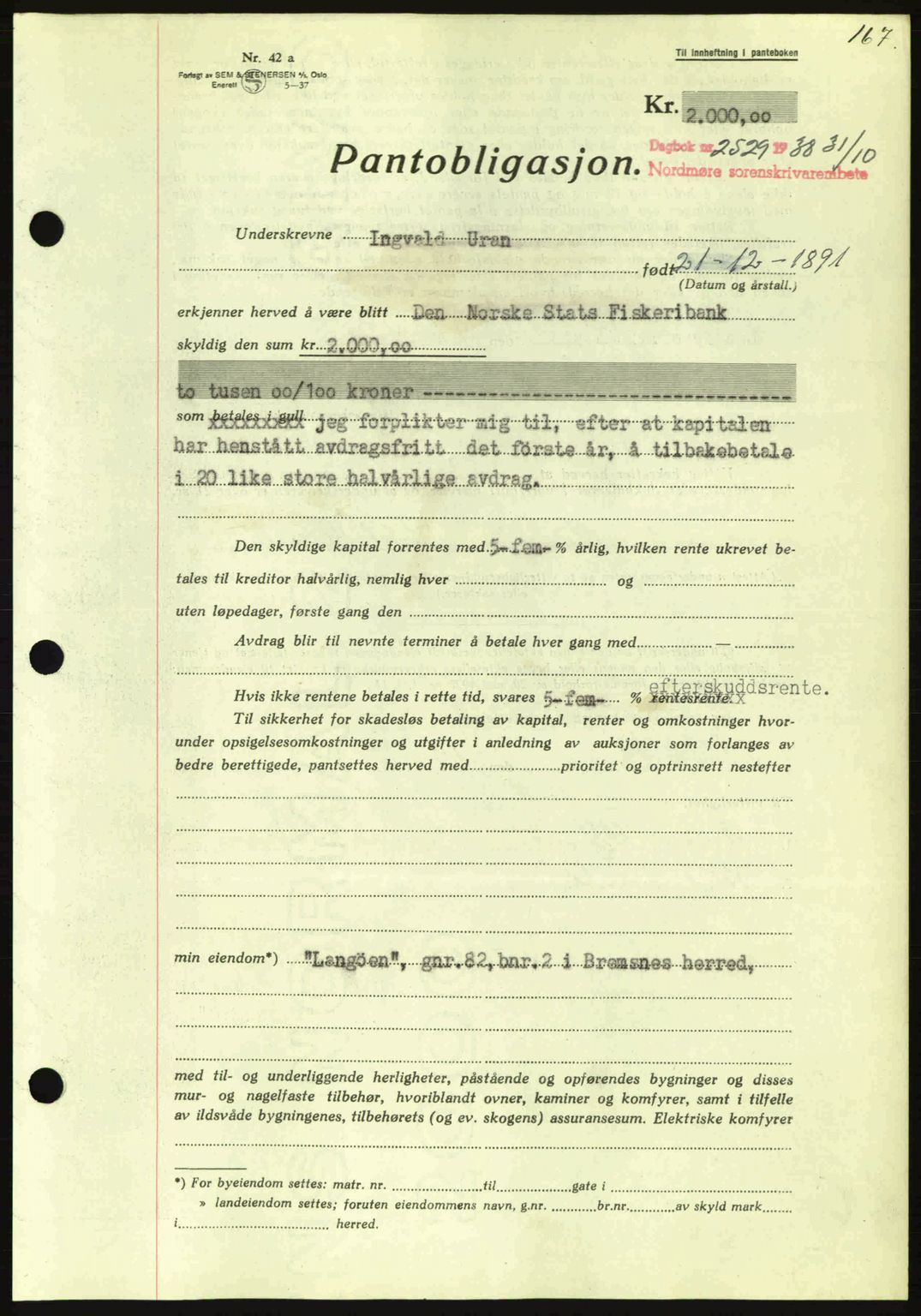 Nordmøre sorenskriveri, SAT/A-4132/1/2/2Ca: Mortgage book no. B84, 1938-1939, Diary no: : 2529/1938