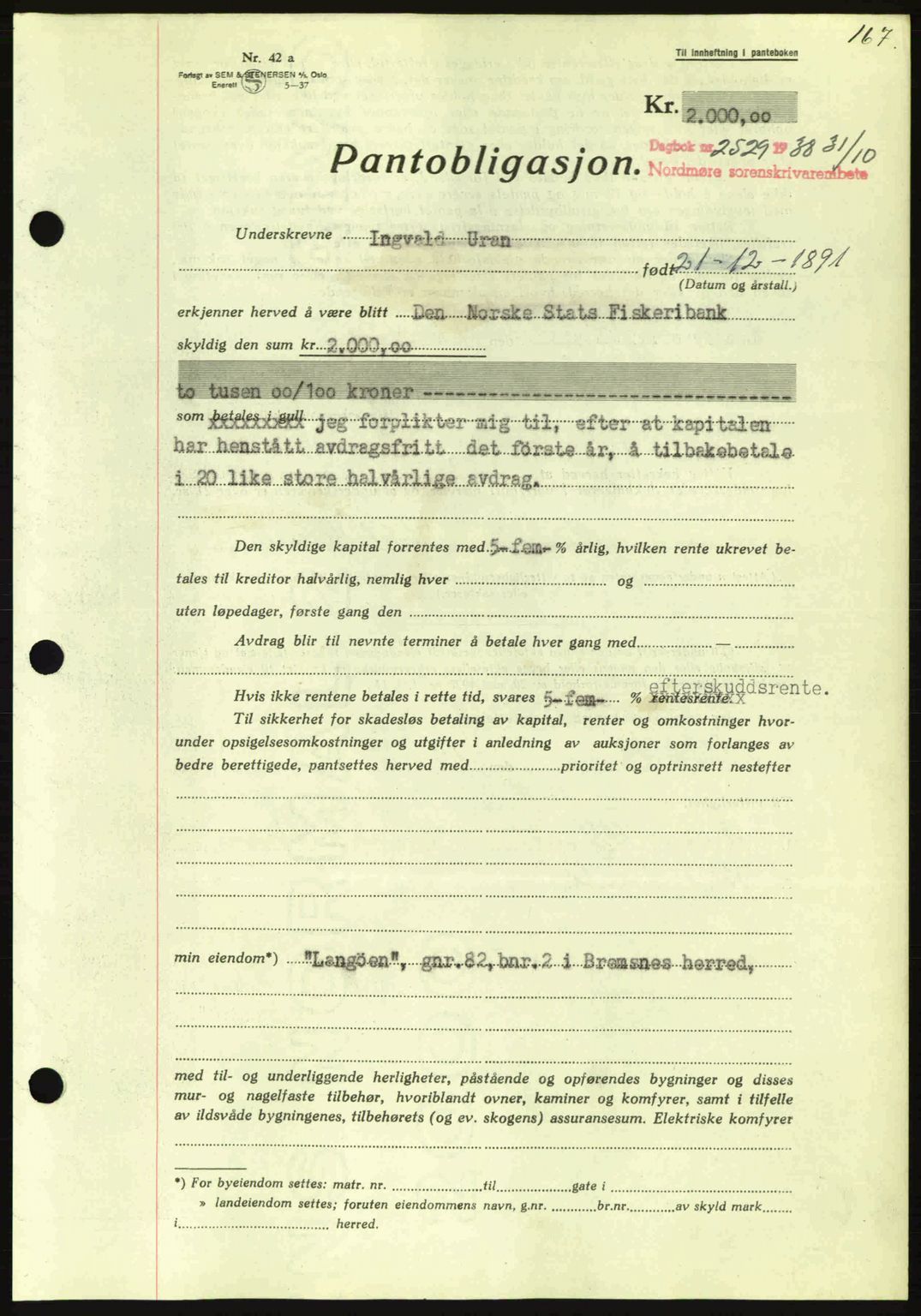 Nordmøre sorenskriveri, AV/SAT-A-4132/1/2/2Ca: Mortgage book no. B84, 1938-1939, Diary no: : 2529/1938