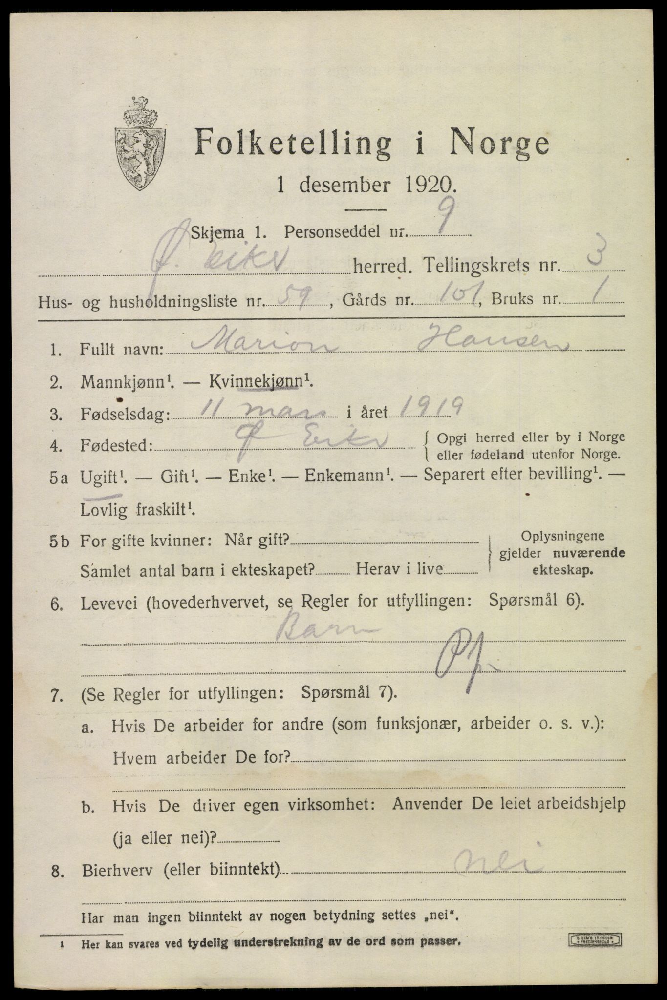 SAKO, 1920 census for Øvre Eiker, 1920, p. 8850