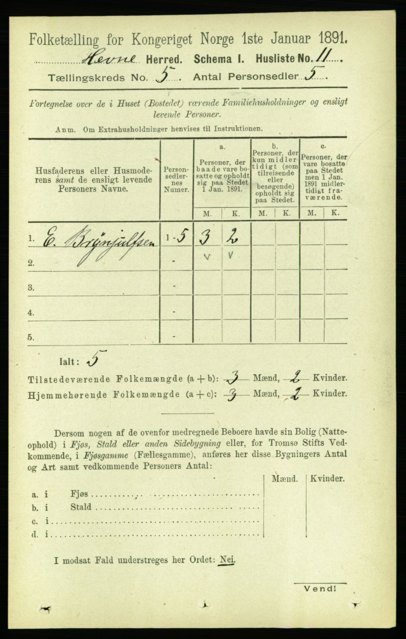 RA, 1891 census for 1612 Hemne, 1891, p. 2355