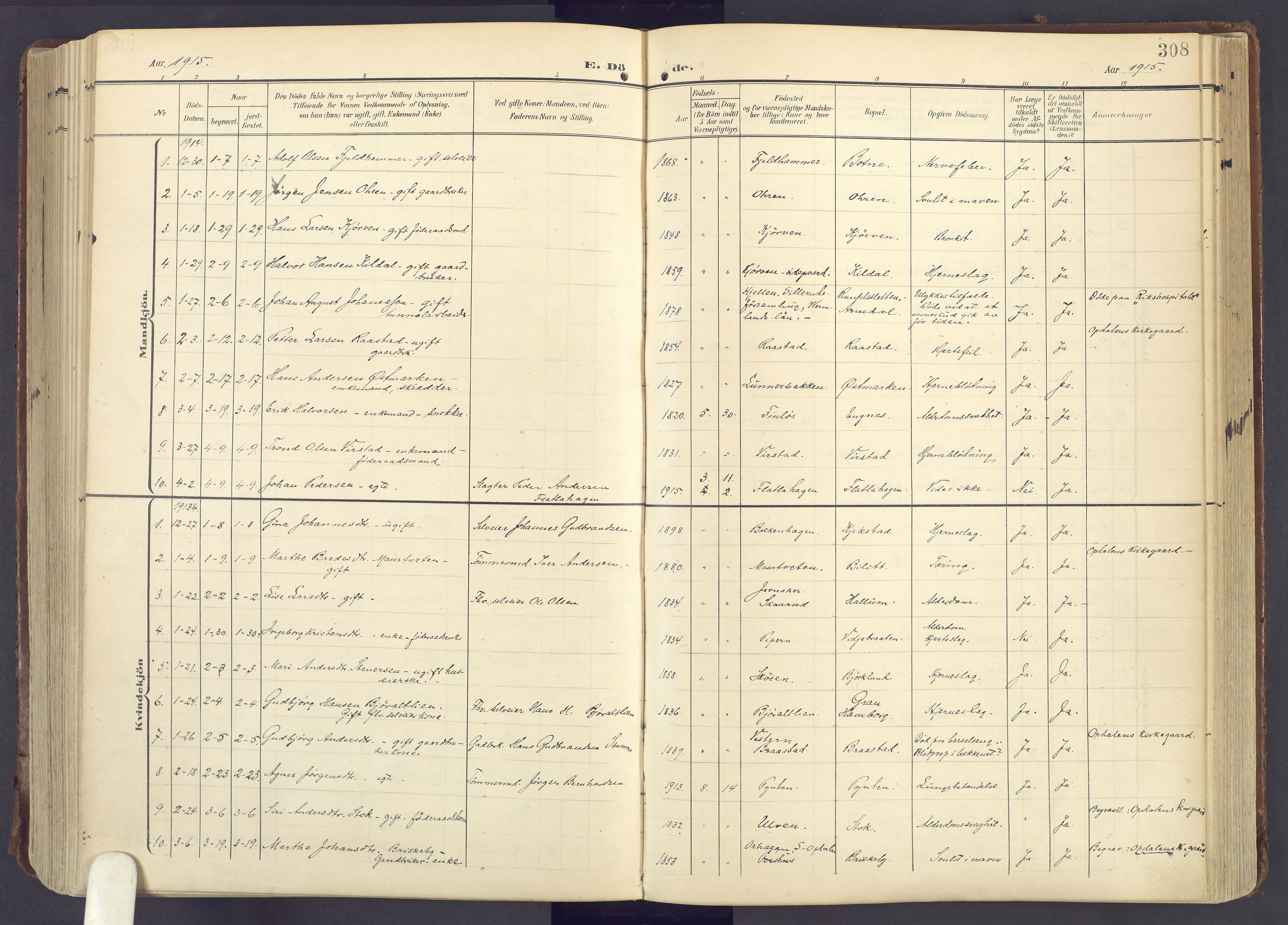 Lunner prestekontor, SAH/PREST-118/H/Ha/Haa/L0001: Parish register (official) no. 1, 1907-1922, p. 308