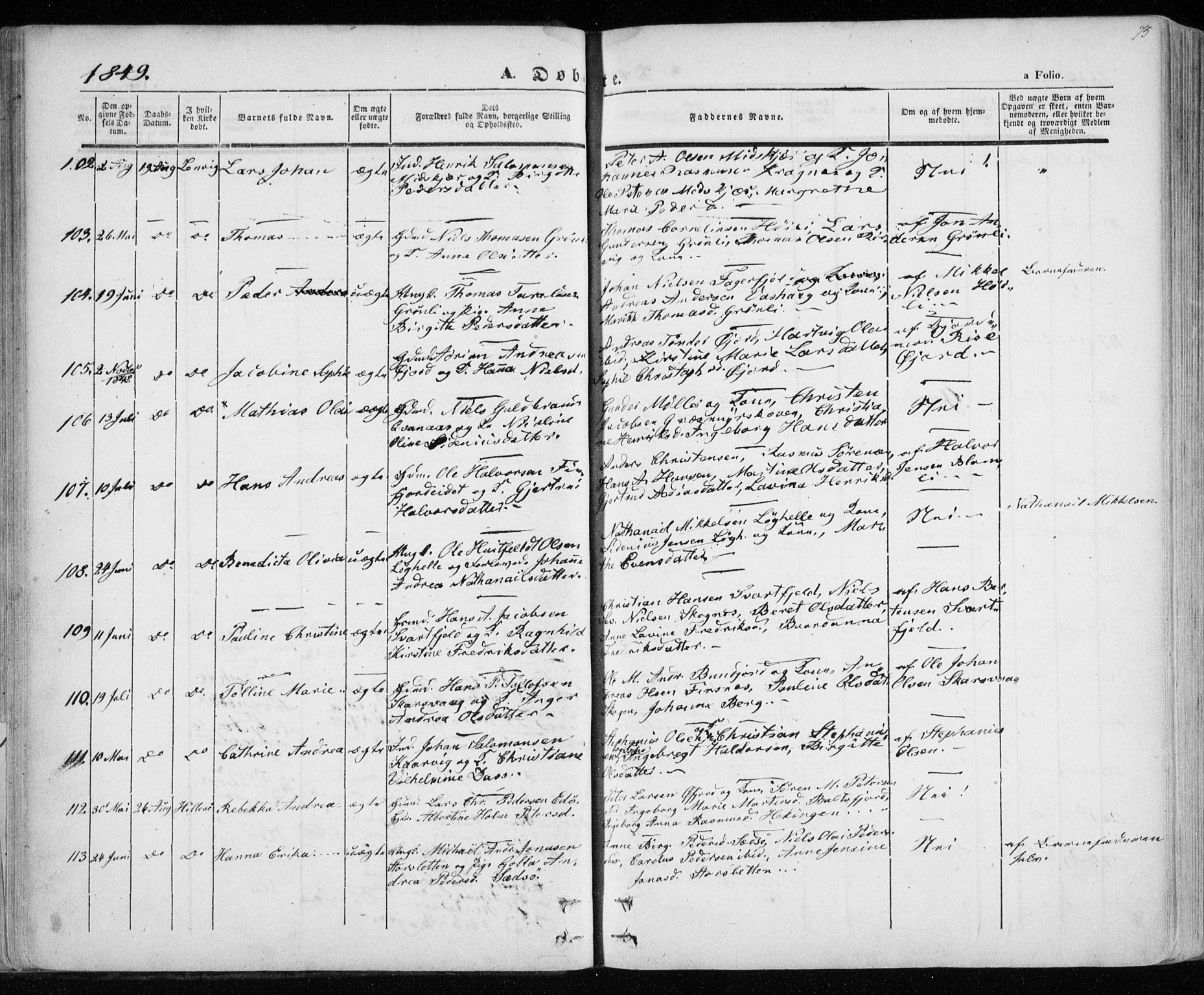Lenvik sokneprestembete, SATØ/S-1310/H/Ha/Haa/L0006kirke: Parish register (official) no. 6, 1845-1854, p. 75