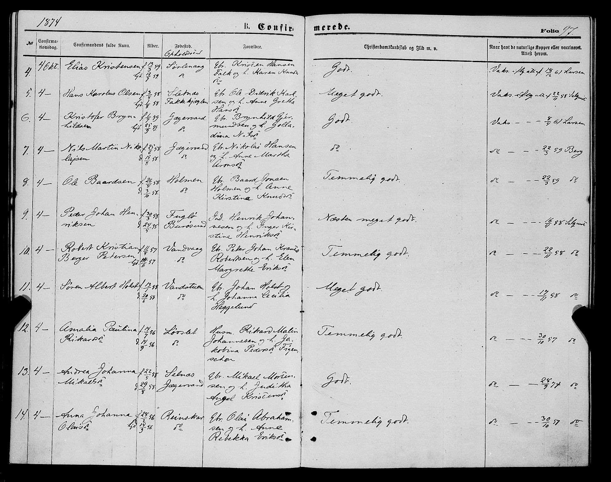 Karlsøy sokneprestembete, AV/SATØ-S-1299/H/Ha/Haa/L0005kirke: Parish register (official) no. 5, 1872-1878, p. 97