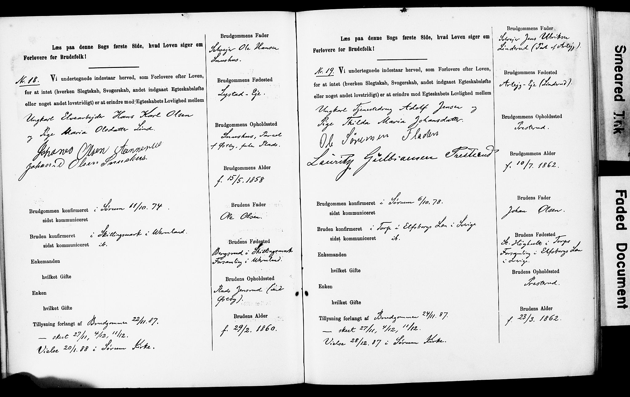 Sørum prestekontor Kirkebøker, AV/SAO-A-10303/H/Ha/L0001: Banns register no. 1, 1887-1890