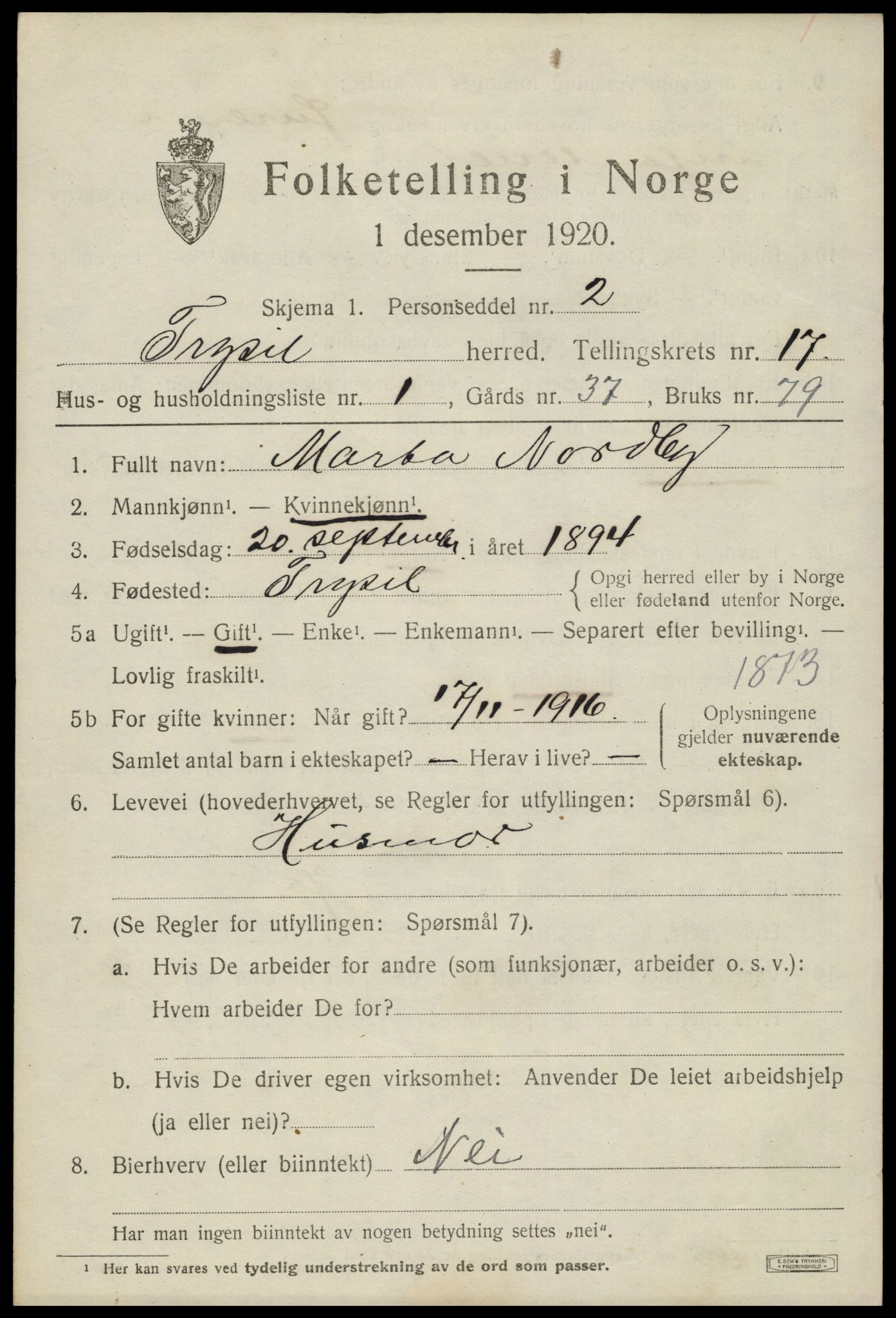 SAH, 1920 census for Trysil, 1920, p. 10181