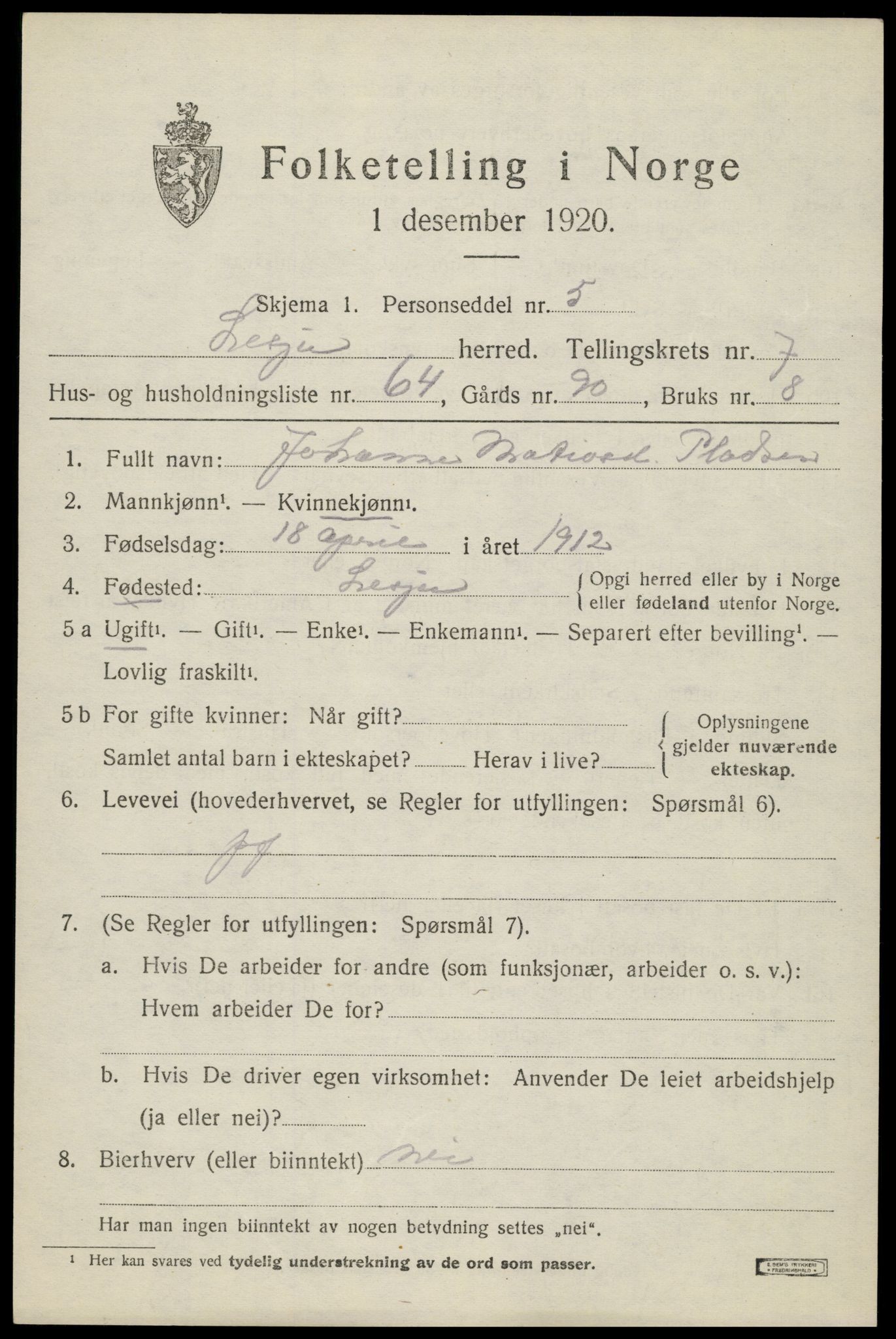 SAH, 1920 census for Lesja, 1920, p. 4610