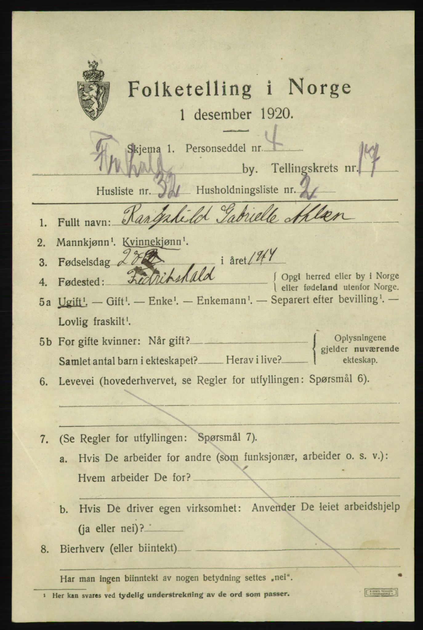 SAO, 1920 census for Fredrikshald, 1920, p. 26790