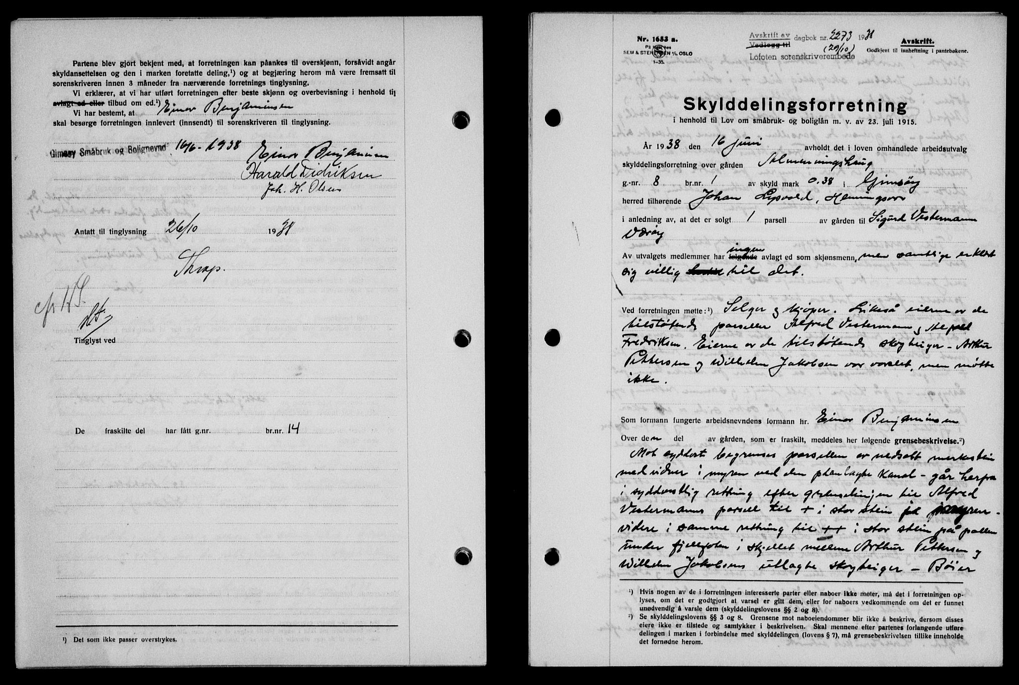 Lofoten sorenskriveri, SAT/A-0017/1/2/2C/L0004a: Mortgage book no. 4a, 1938-1938, Diary no: : 2273/1938