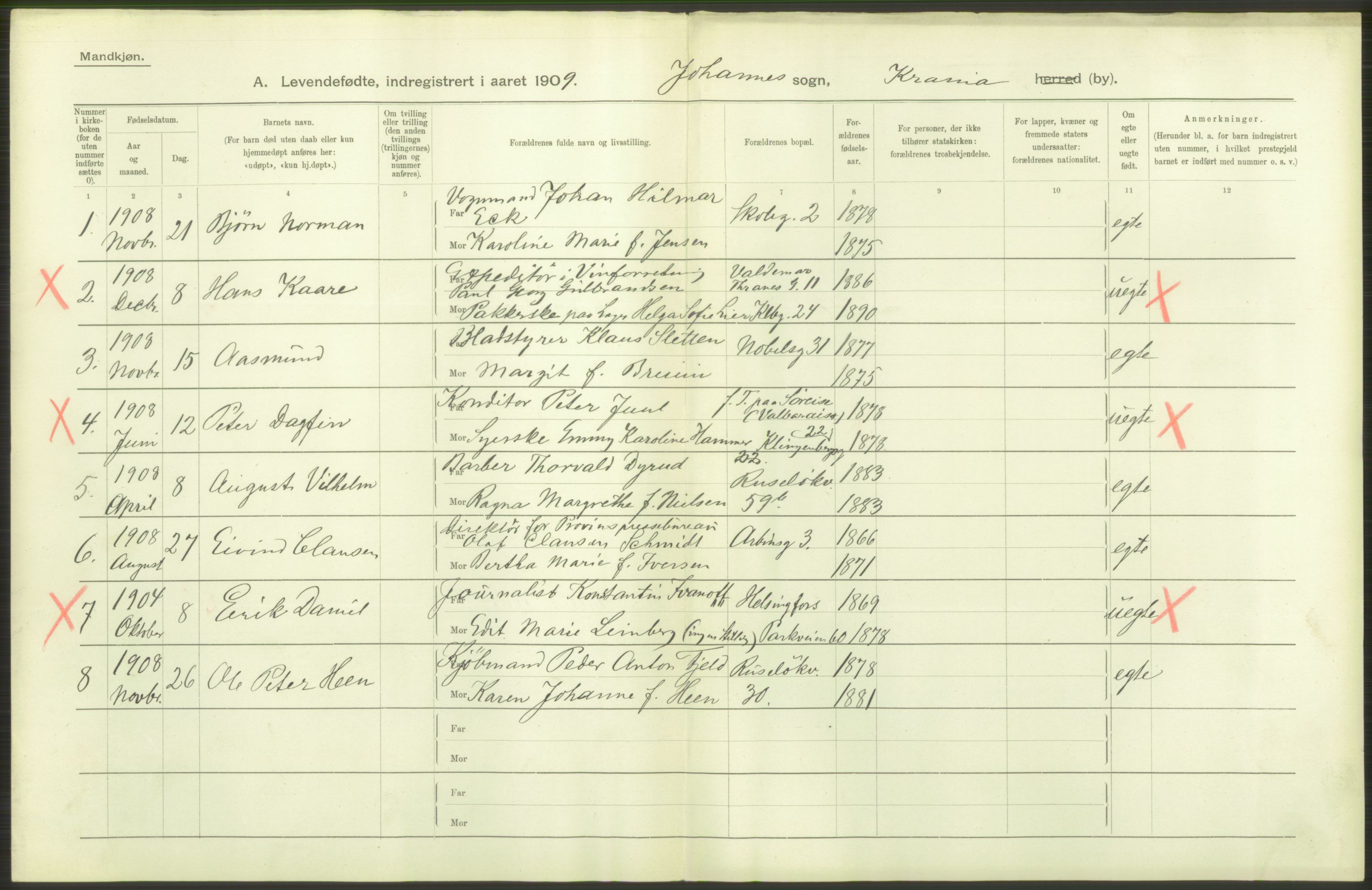 Statistisk sentralbyrå, Sosiodemografiske emner, Befolkning, RA/S-2228/D/Df/Dfa/Dfag/L0007: Kristiania: Levendefødte menn og kvinner., 1909, p. 26