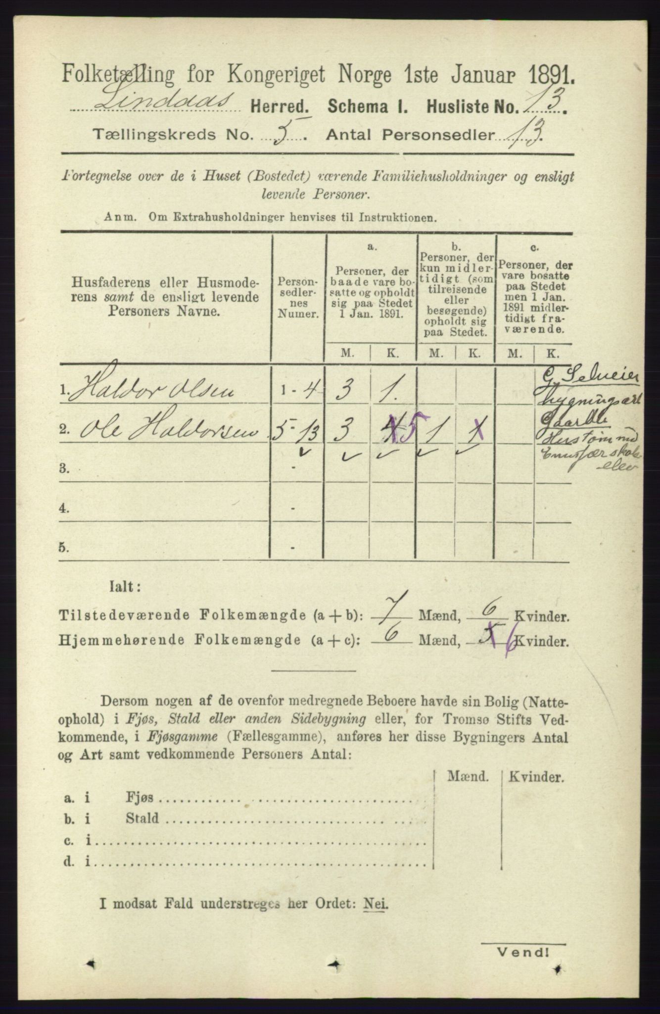 RA, 1891 census for 1263 Lindås, 1891, p. 1408