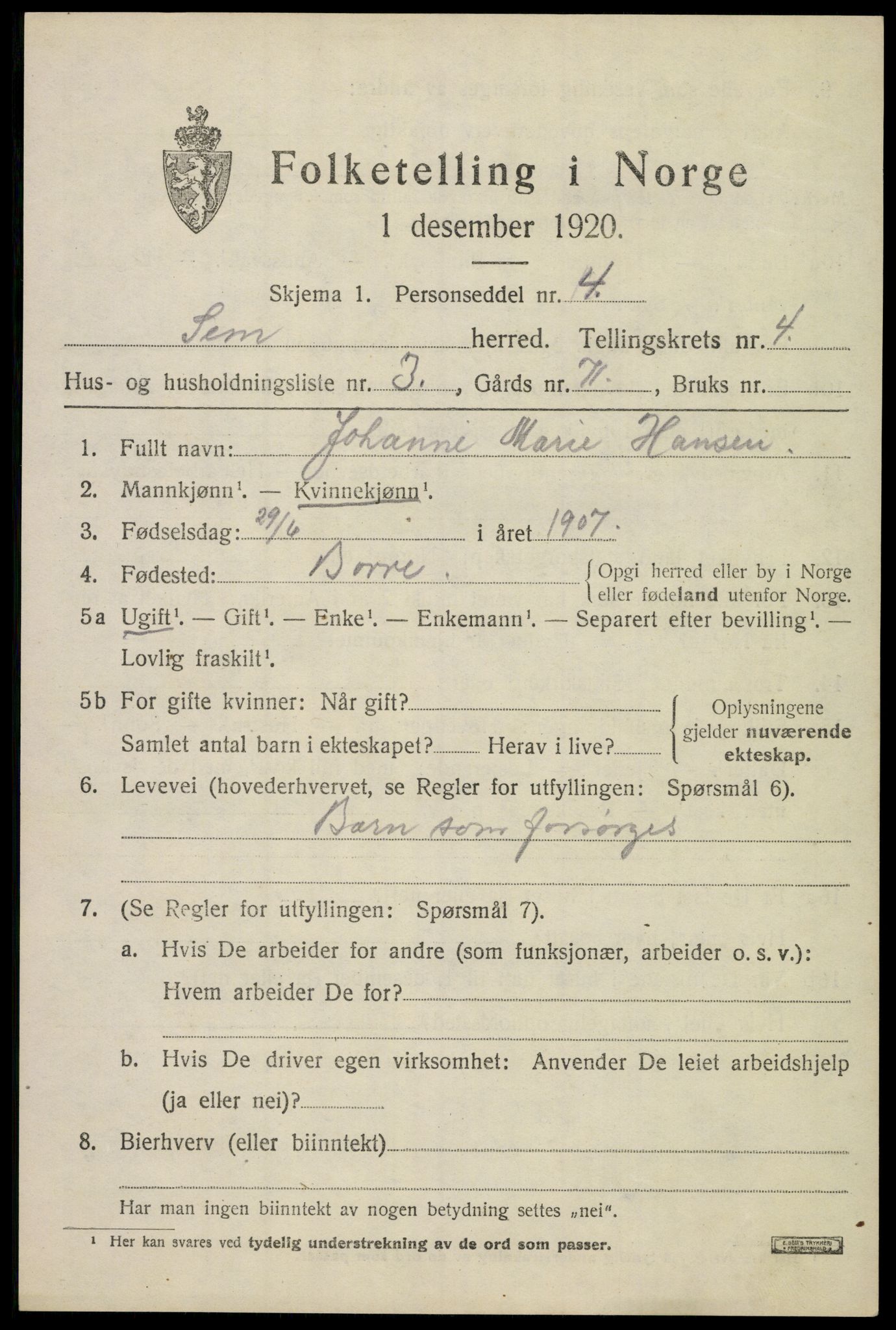 SAKO, 1920 census for Sem, 1920, p. 7105
