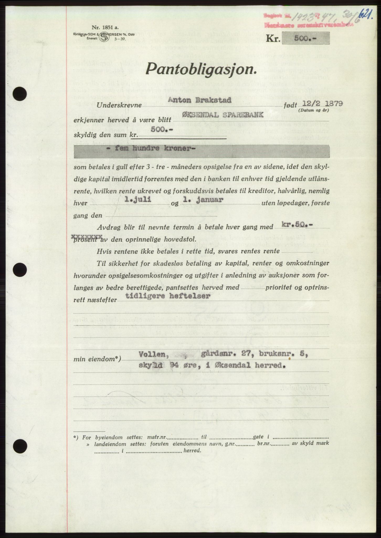 Nordmøre sorenskriveri, AV/SAT-A-4132/1/2/2Ca: Mortgage book no. B96, 1947-1947, Diary no: : 1423/1947