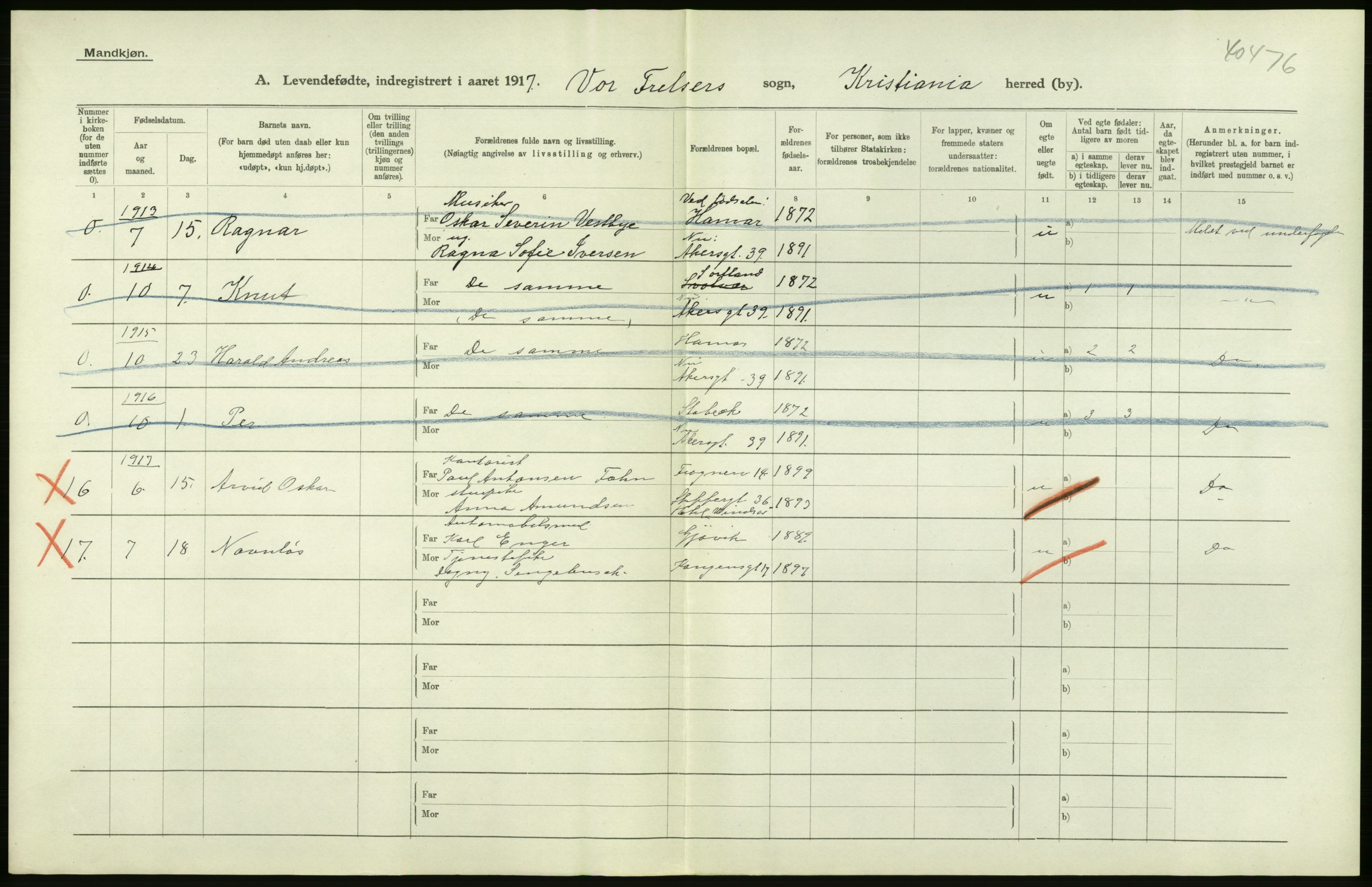 Statistisk sentralbyrå, Sosiodemografiske emner, Befolkning, AV/RA-S-2228/D/Df/Dfb/Dfbg/L0007: Kristiania: Levendefødte menn og kvinner., 1917, p. 12