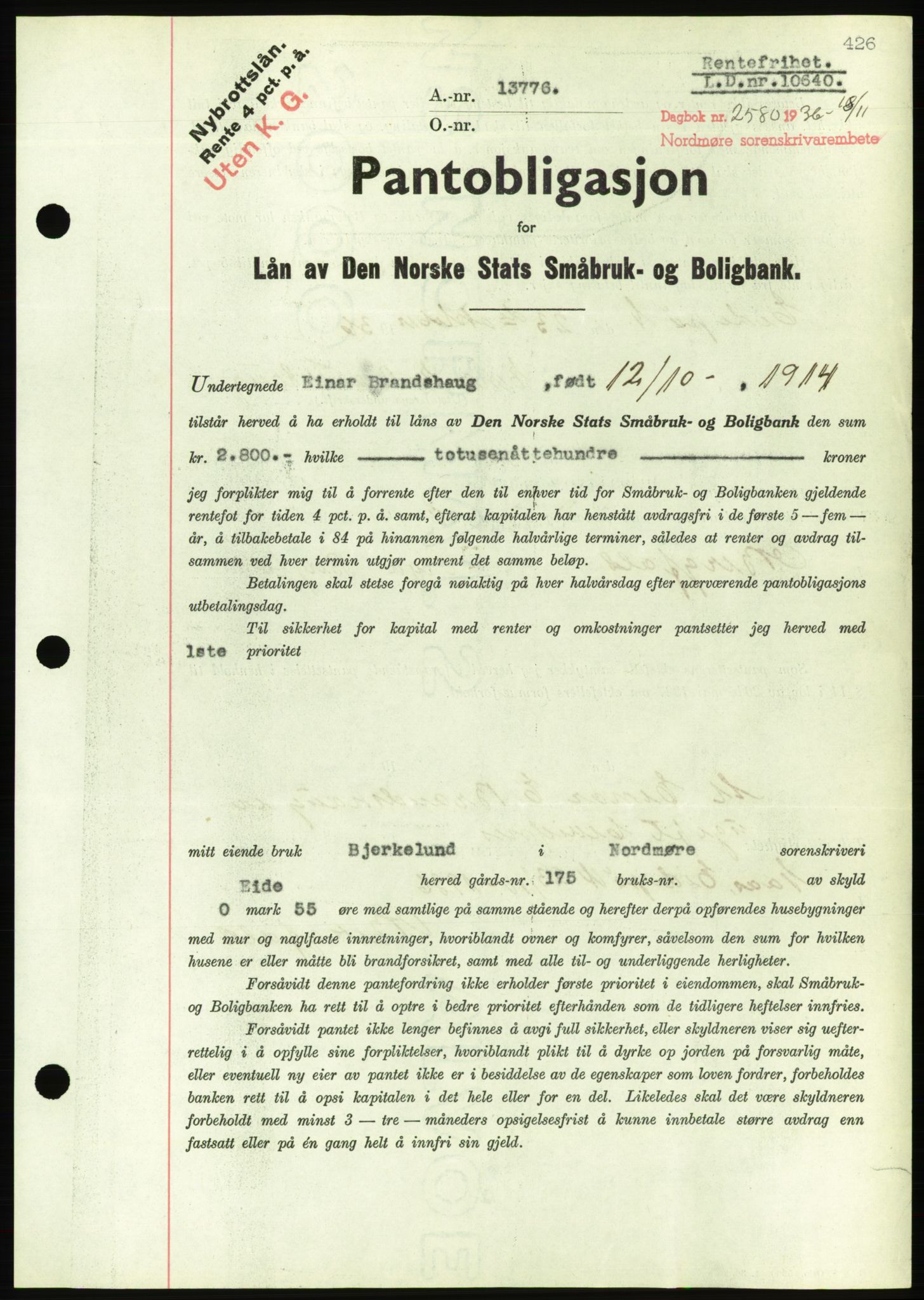 Nordmøre sorenskriveri, AV/SAT-A-4132/1/2/2Ca/L0090: Mortgage book no. B80, 1936-1937, Diary no: : 2580/1936