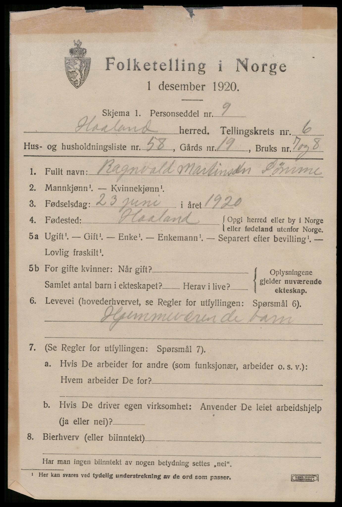 SAST, 1920 census for Håland, 1920, p. 5693