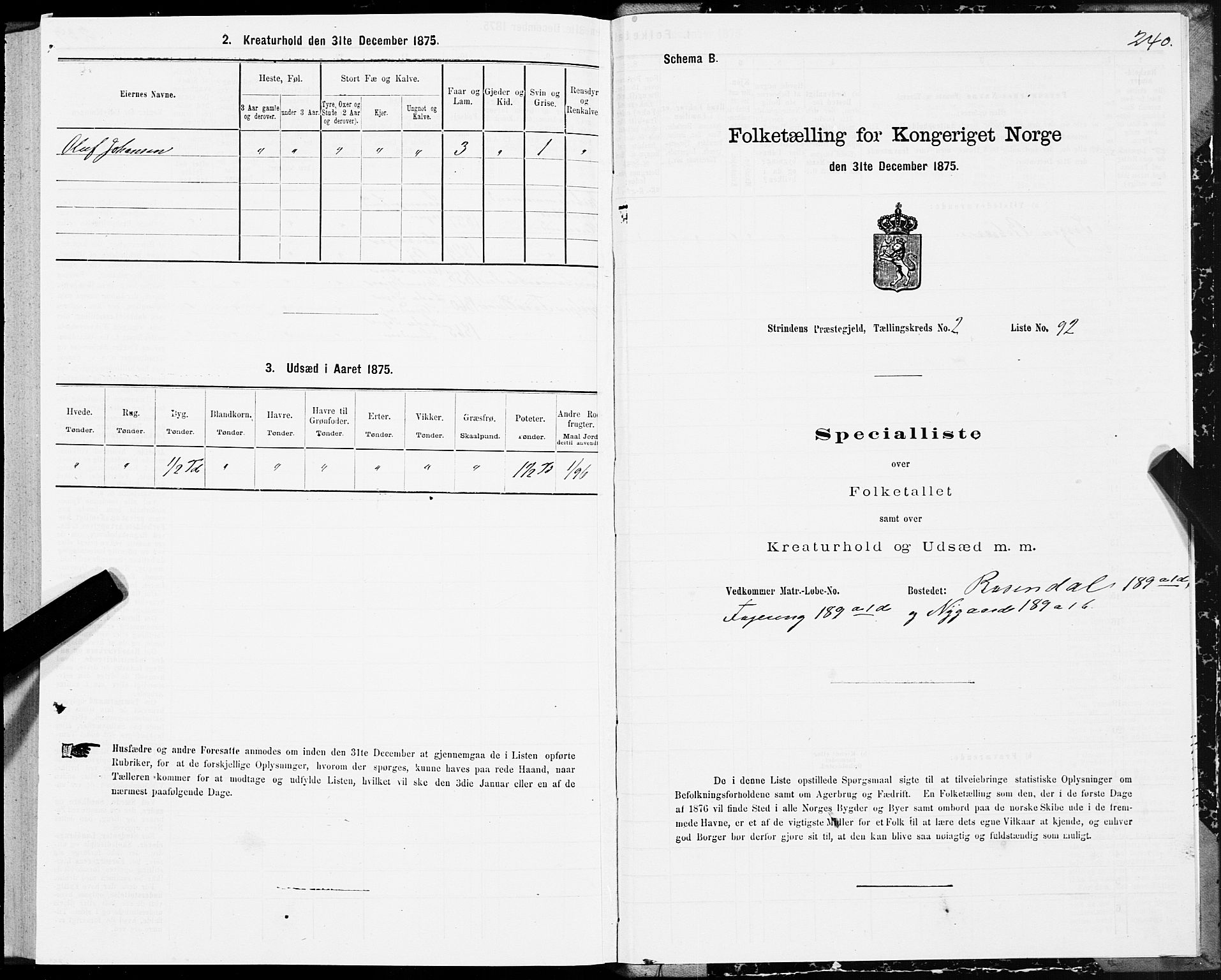 SAT, 1875 census for 1660P Strinda, 1875, p. 1240