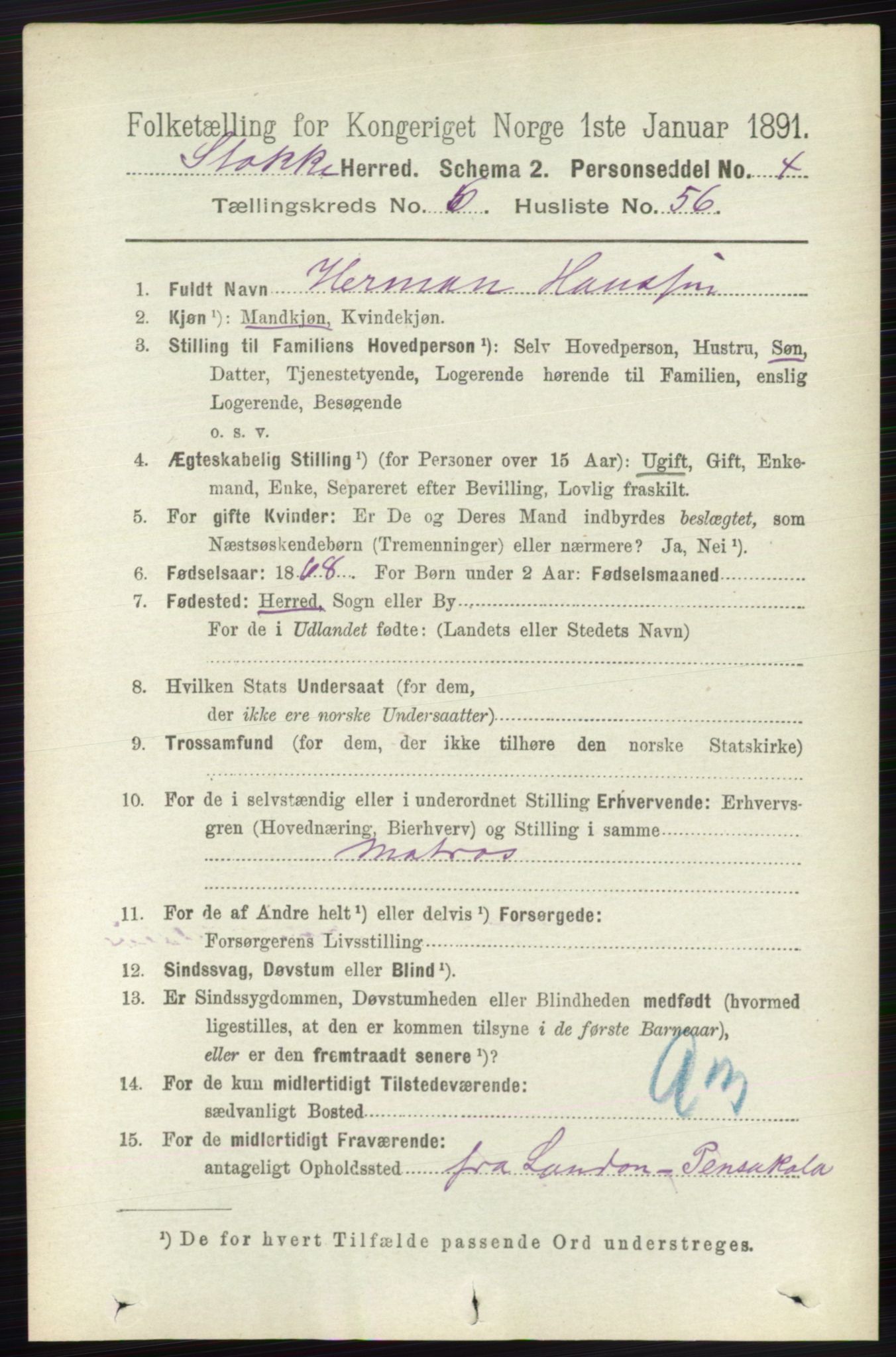 RA, 1891 census for 0720 Stokke, 1891, p. 4169