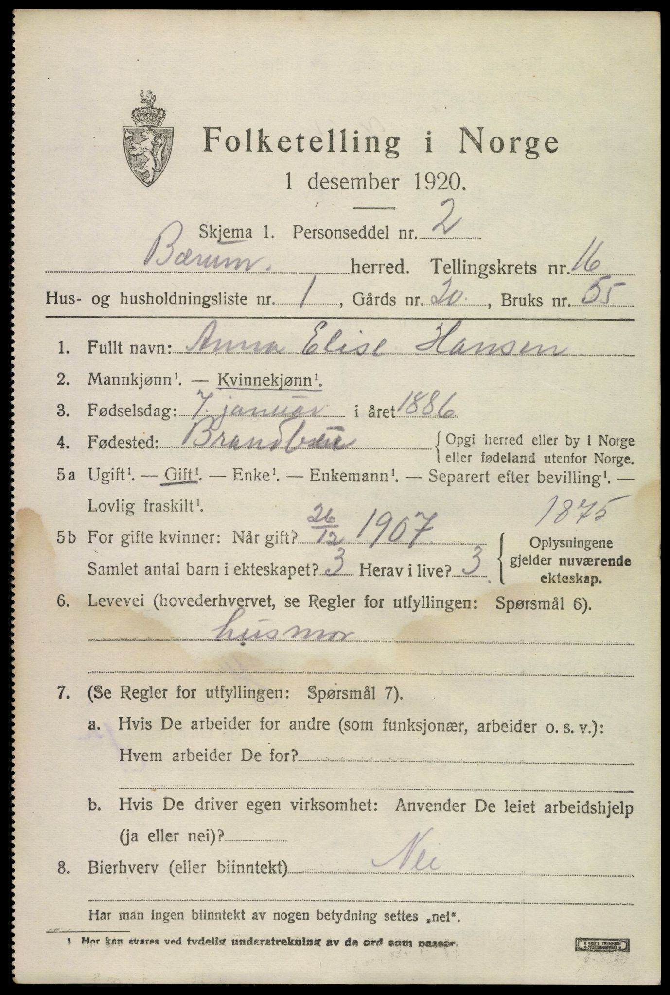 SAO, 1920 census for Bærum, 1920, p. 43084