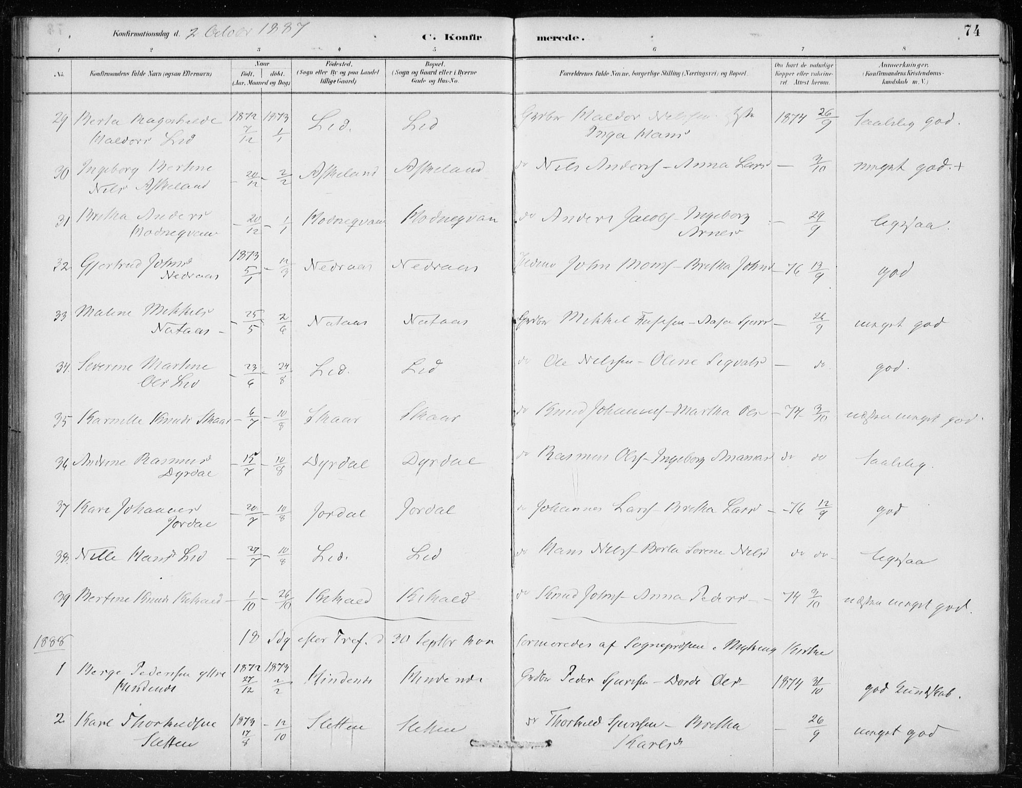 Lindås Sokneprestembete, SAB/A-76701/H/Haa: Parish register (official) no. F  1, 1886-1897, p. 74