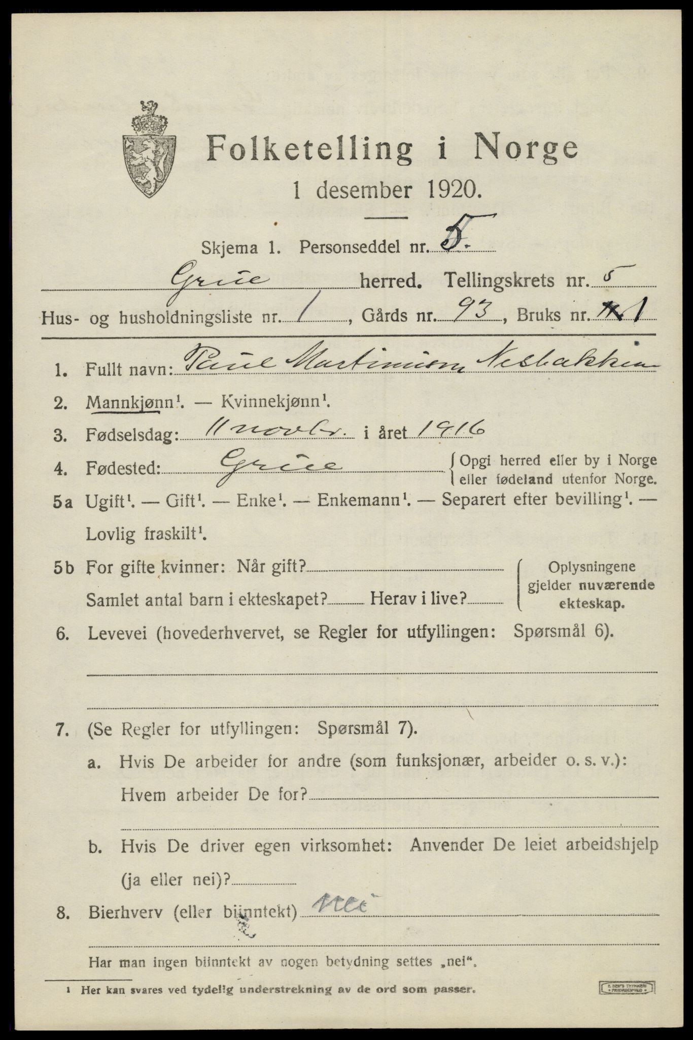 SAH, 1920 census for Grue, 1920, p. 5147