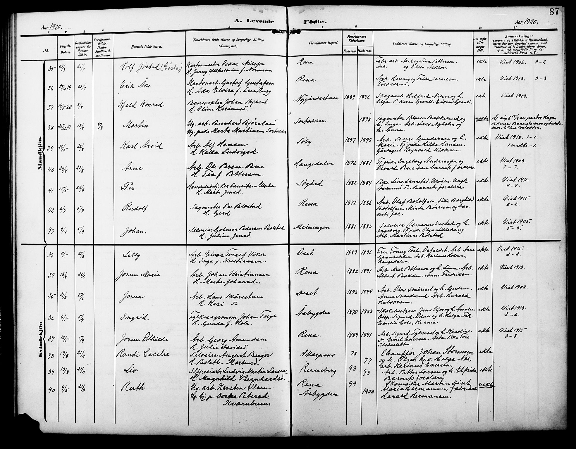 Åmot prestekontor, Hedmark, AV/SAH-PREST-056/H/Ha/Hab/L0004: Parish register (copy) no. 4, 1905-1920, p. 87